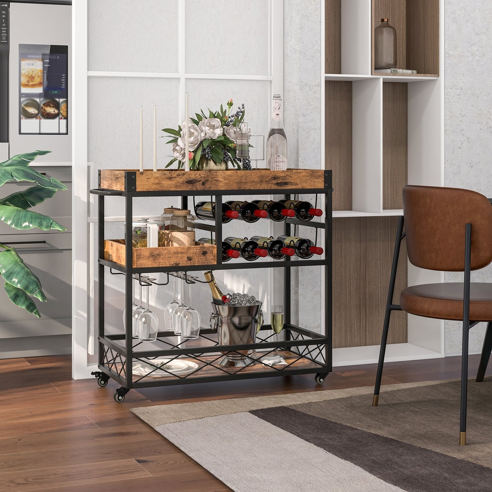 3-Tier Rolling Bar Cart with Removable Tray and Wine Rack, Rustic Brown Kitchen Islands & Carts   at Gallery Canada