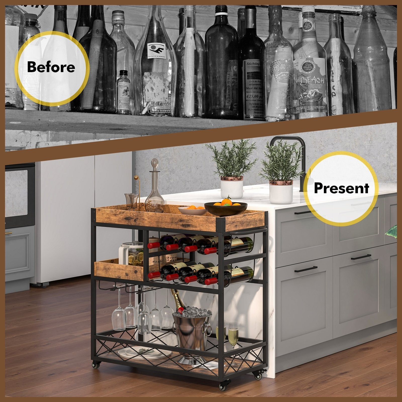 3-Tier Rolling Bar Cart with Removable Tray and Wine Rack, Rustic Brown Kitchen Islands & Carts   at Gallery Canada