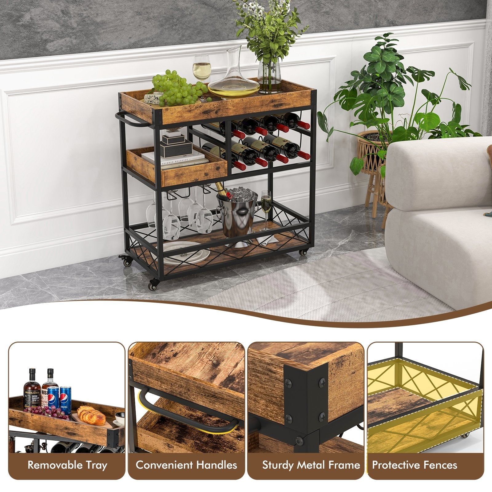 3-Tier Rolling Bar Cart with Removable Tray and Wine Rack, Rustic Brown Kitchen Islands & Carts   at Gallery Canada