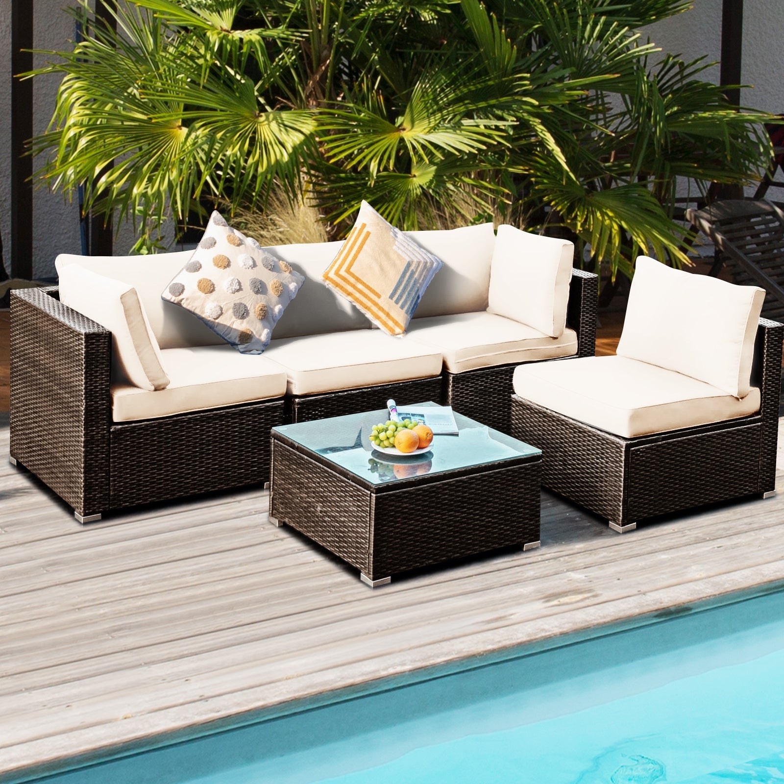 5 Pieces Cushioned Patio Rattan Furniture Set with Glass Table, White Outdoor Sectionals   at Gallery Canada