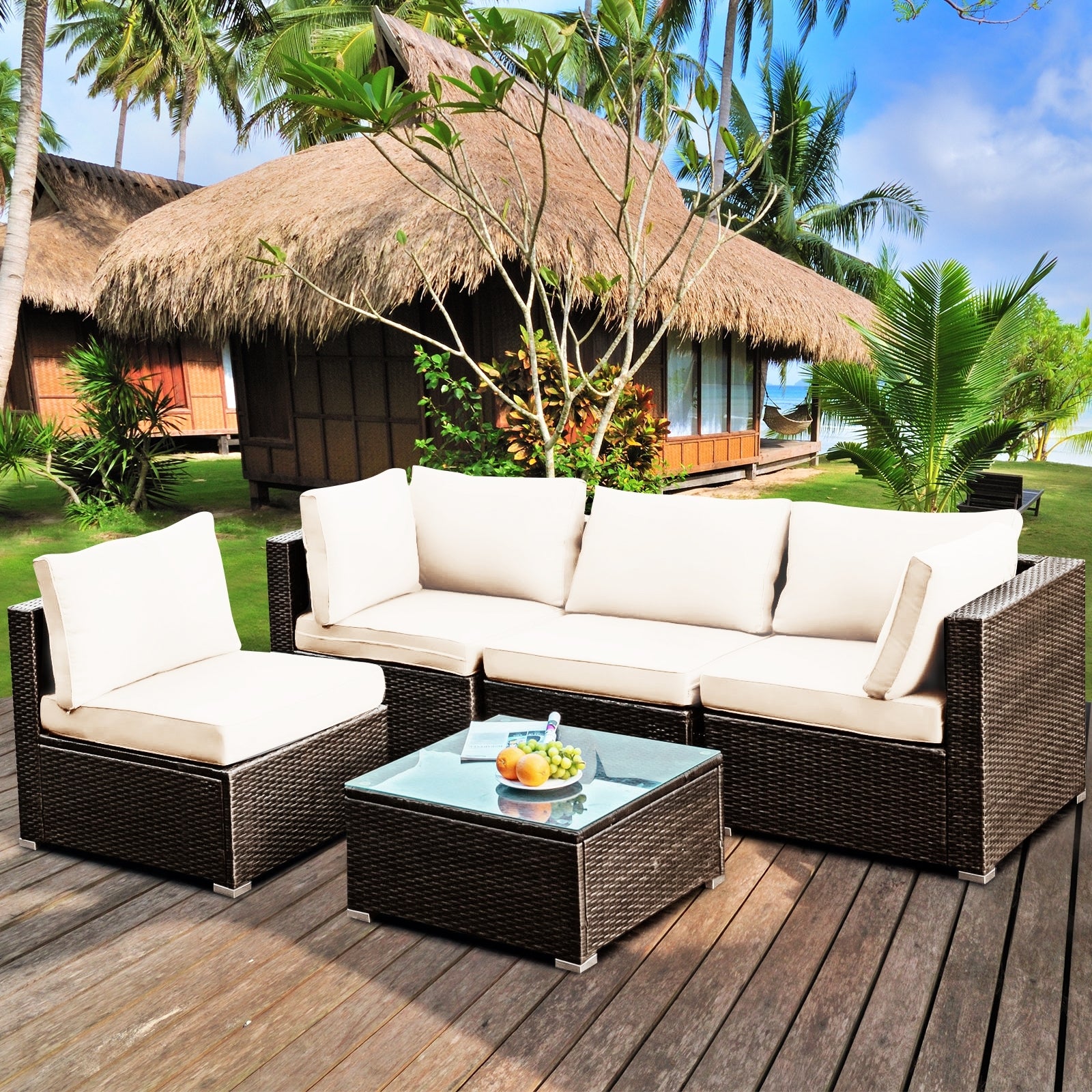 5 Pieces Cushioned Patio Rattan Furniture Set with Glass Table, White Outdoor Sectionals   at Gallery Canada