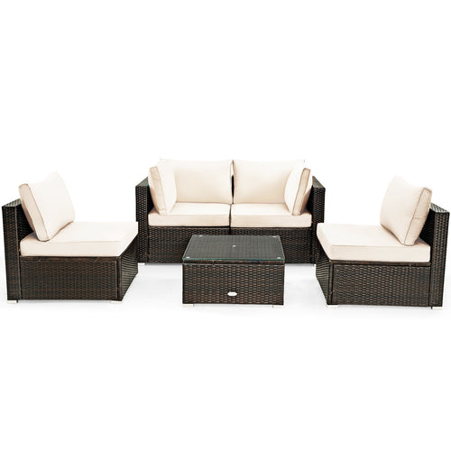 5 Pieces Cushioned Patio Rattan Furniture Set with Glass Table, White