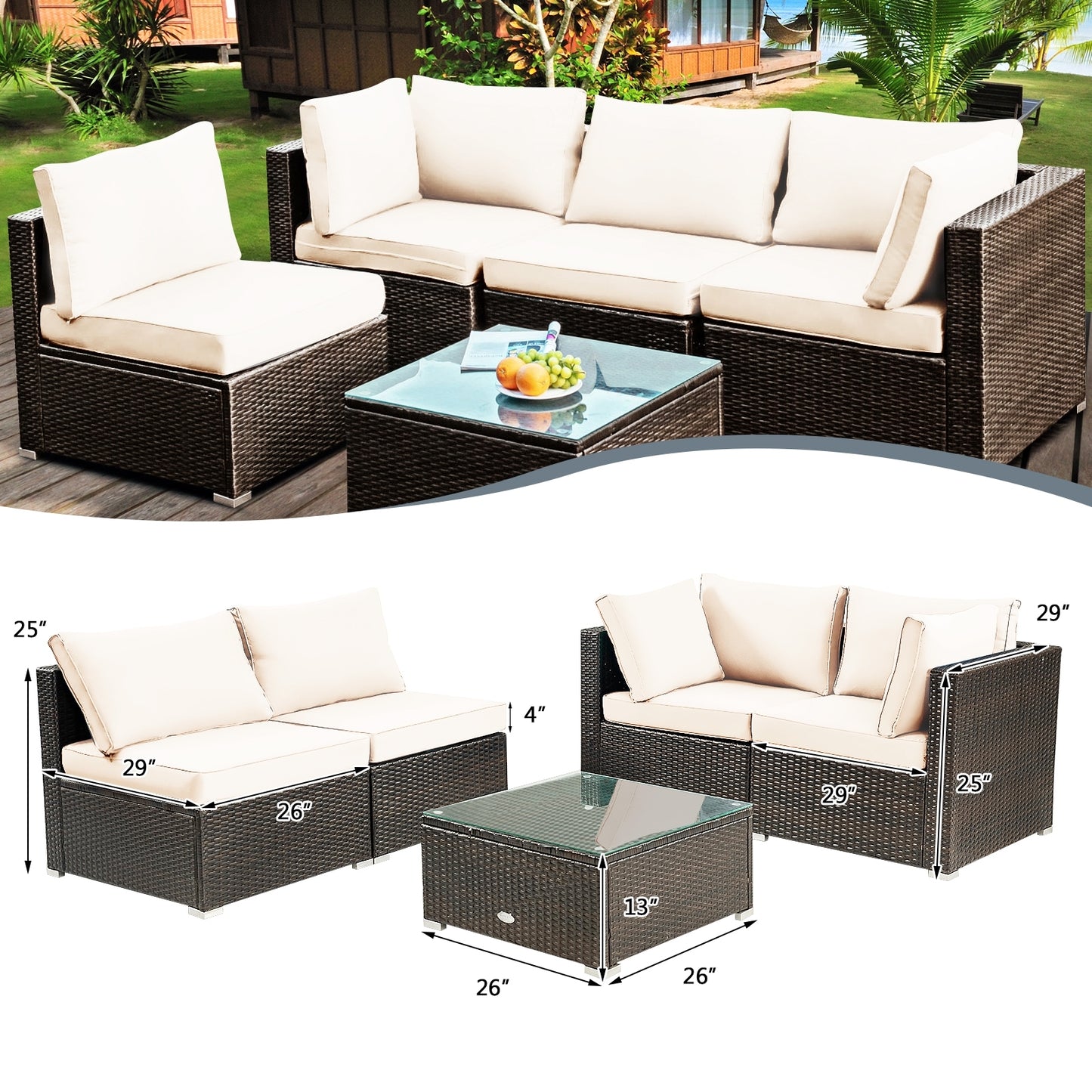 5 Pieces Cushioned Patio Rattan Furniture Set with Glass Table, White Outdoor Sectionals   at Gallery Canada