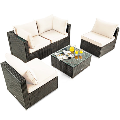 5 Pieces Cushioned Patio Rattan Furniture Set with Glass Table, White Outdoor Sectionals   at Gallery Canada