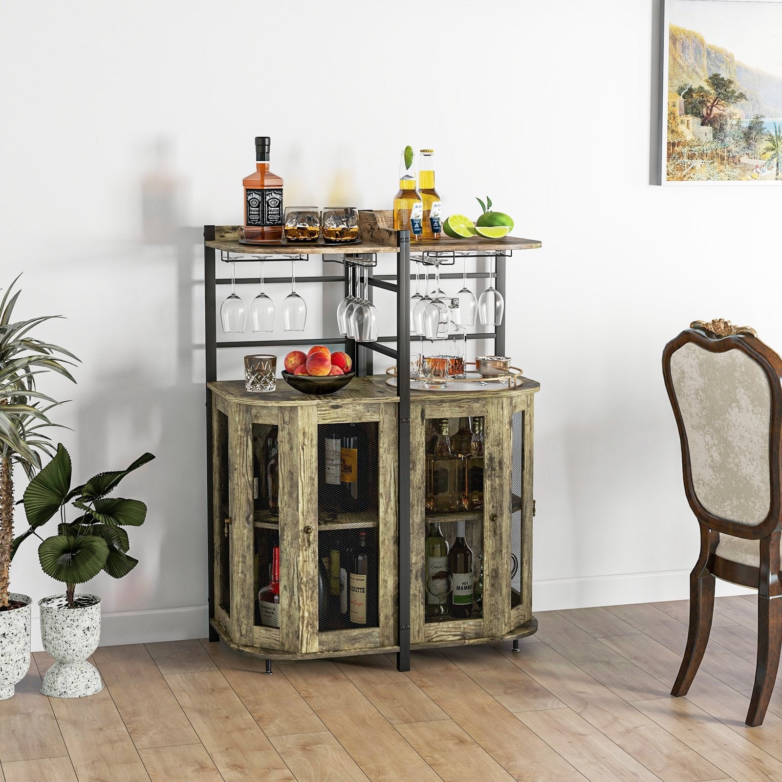 Industrial Corner Bar Cabinet with Glass Holder and Adjustable Shelf, Taupe Cabinets & Chests   at Gallery Canada