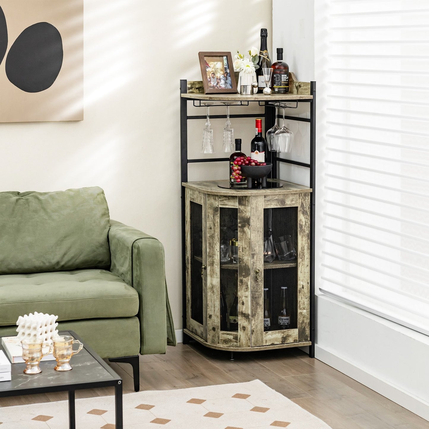 Industrial Corner Bar Cabinet with Glass Holder and Adjustable Shelf, Taupe Cabinets & Chests   at Gallery Canada