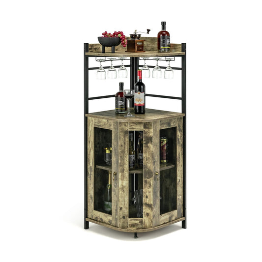 Industrial Corner Bar Cabinet with Glass Holder and Adjustable Shelf, Taupe - Gallery Canada