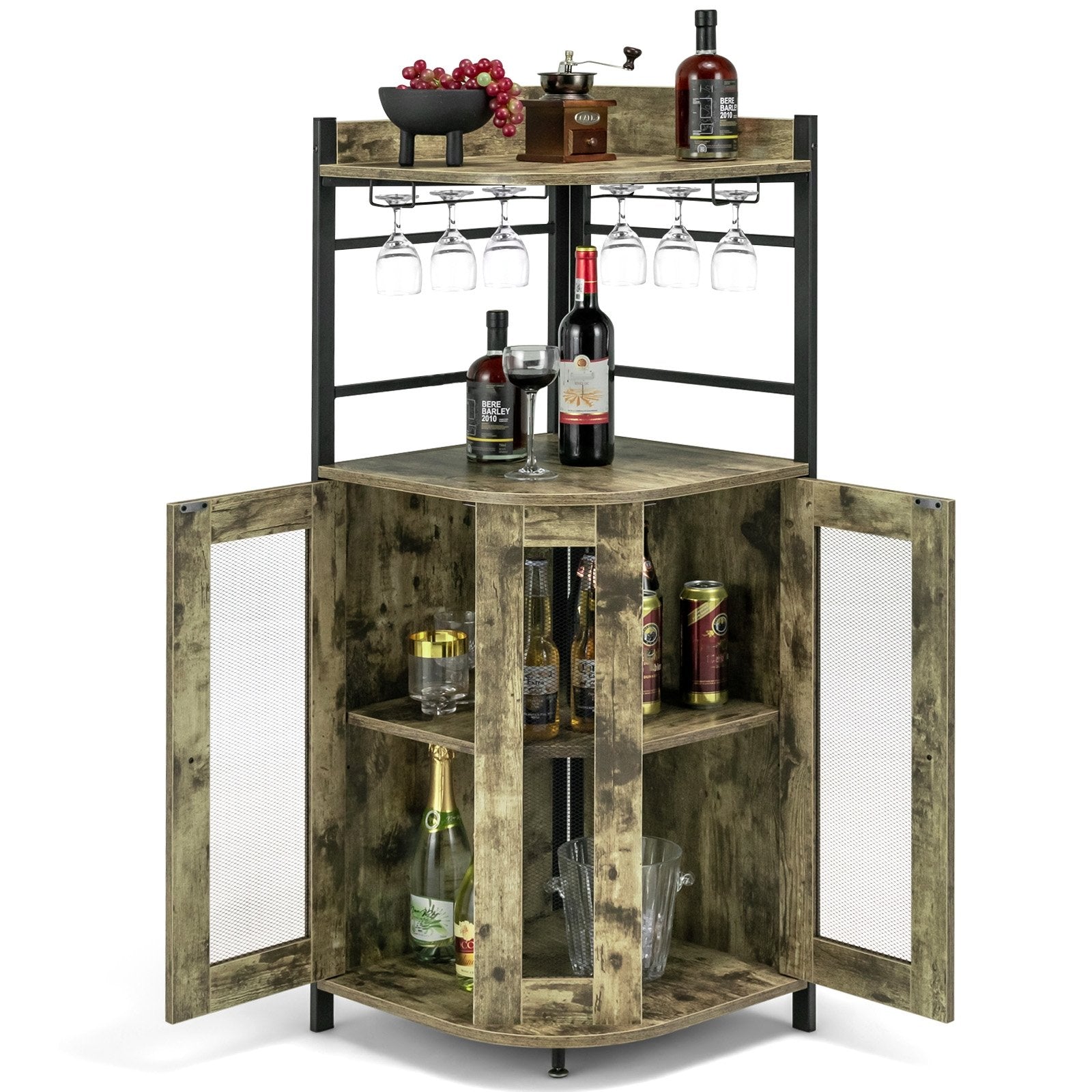 Industrial Corner Bar Cabinet with Glass Holder and Adjustable Shelf, Taupe Cabinets & Chests   at Gallery Canada