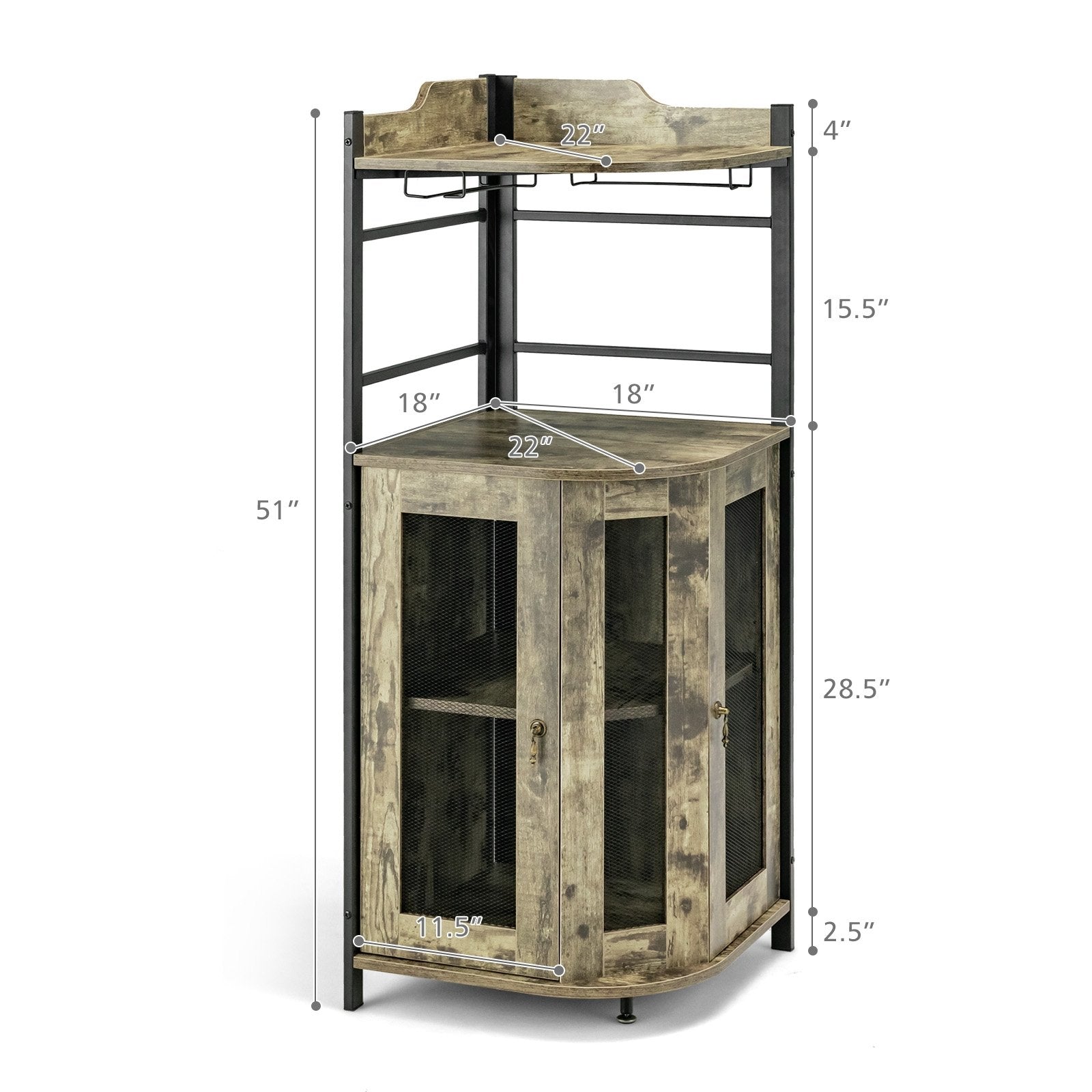 Industrial Corner Bar Cabinet with Glass Holder and Adjustable Shelf, Taupe Cabinets & Chests   at Gallery Canada