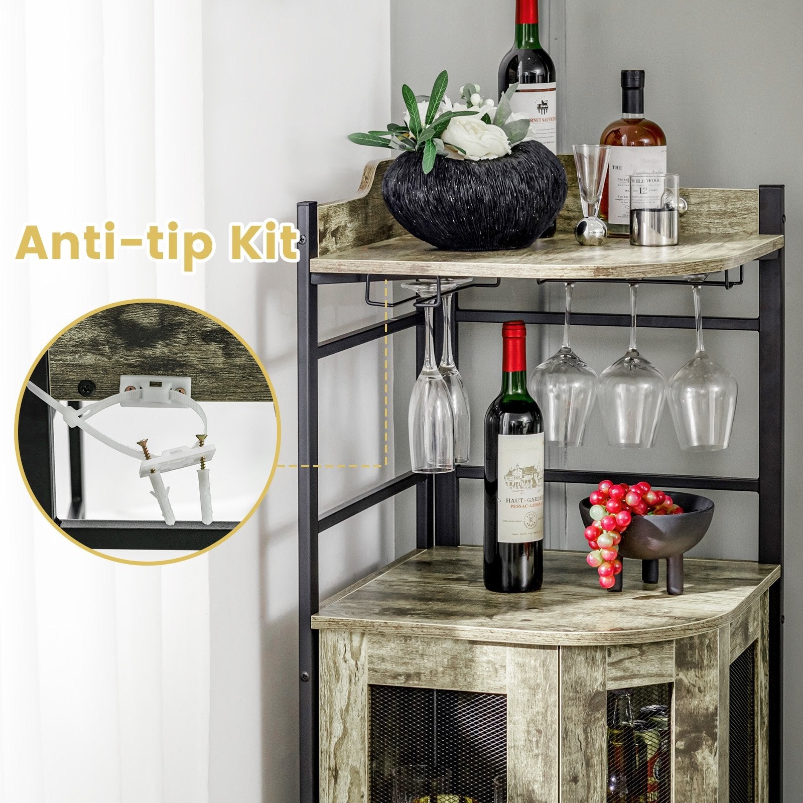 Industrial Corner Bar Cabinet with Glass Holder and Adjustable Shelf, Taupe Cabinets & Chests   at Gallery Canada