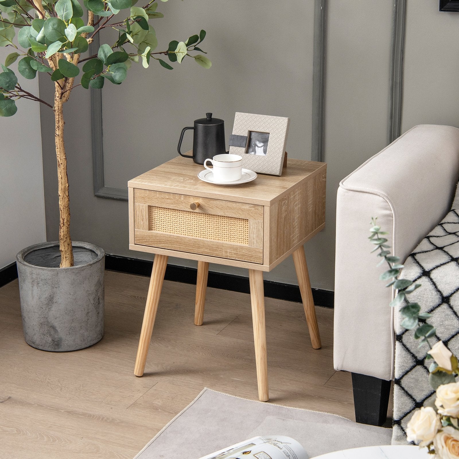 Modern Rattan Nightstand with Drawer and Solid Wood Legs for Bedroom and Living Room, Natural Nightstands   at Gallery Canada