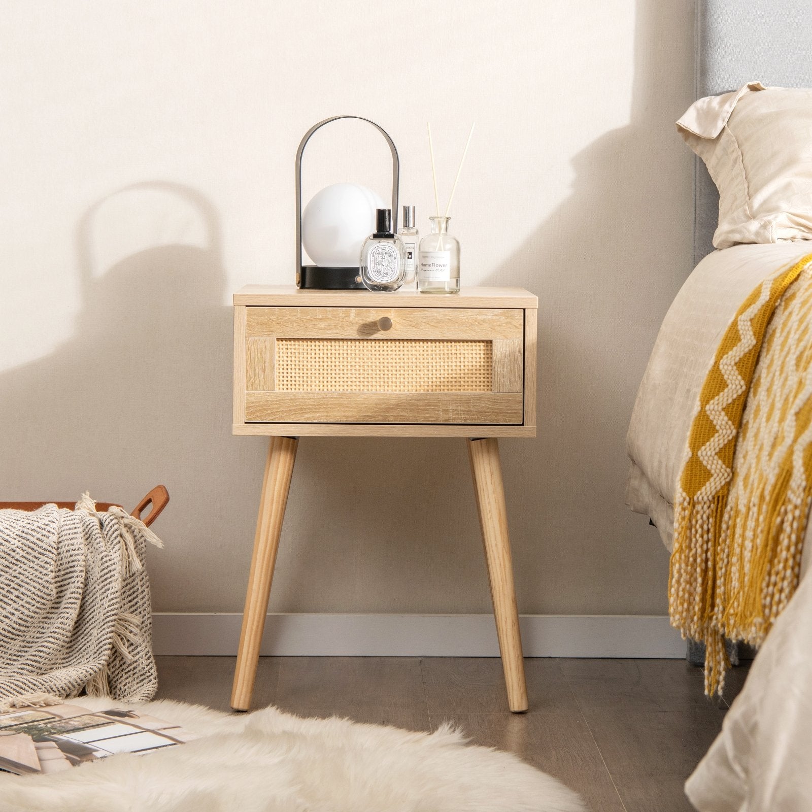 Modern Rattan Nightstand with Drawer and Solid Wood Legs for Bedroom and Living Room, Natural Nightstands   at Gallery Canada