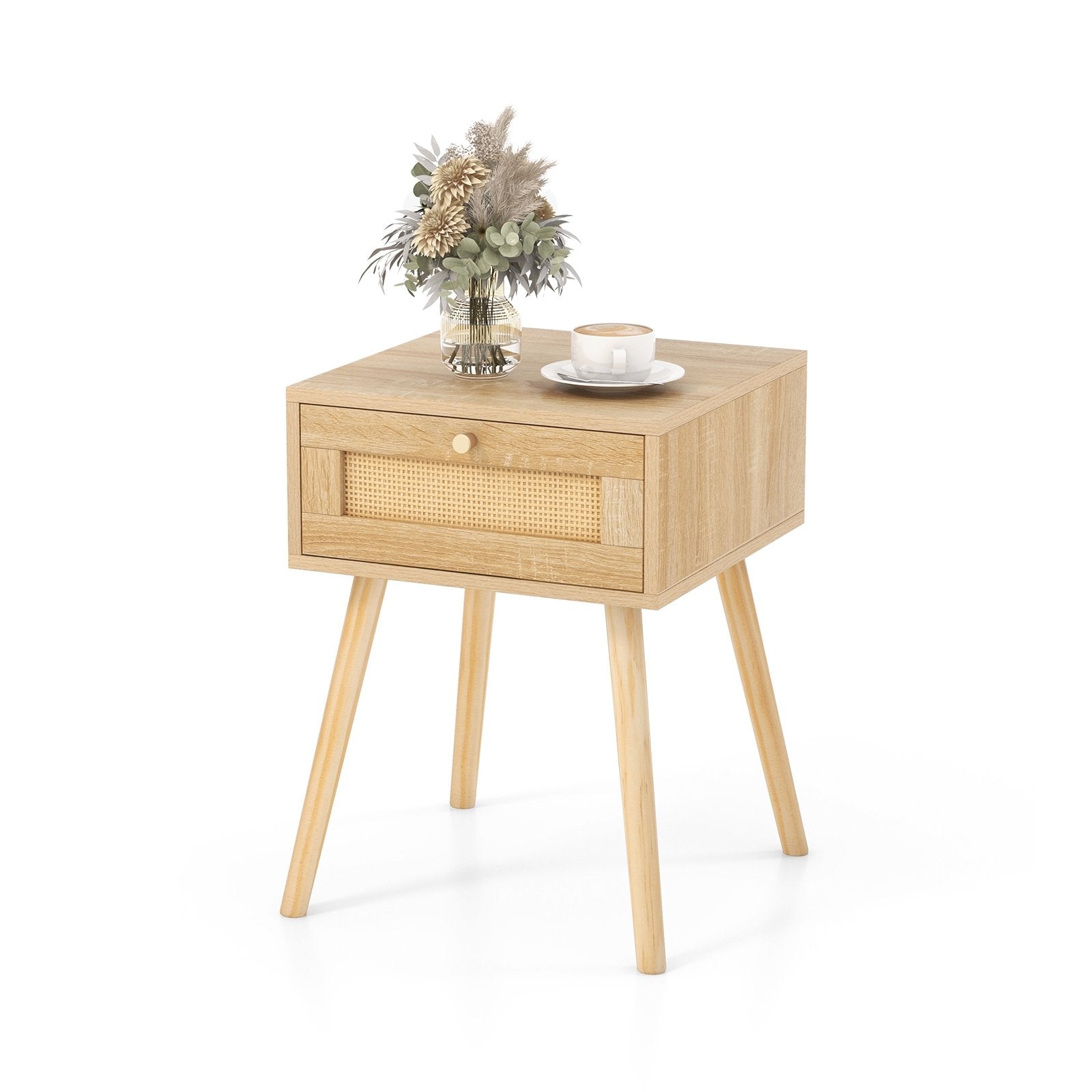 Modern Rattan Nightstand with Drawer and Solid Wood Legs for Bedroom and Living Room, Natural Nightstands   at Gallery Canada