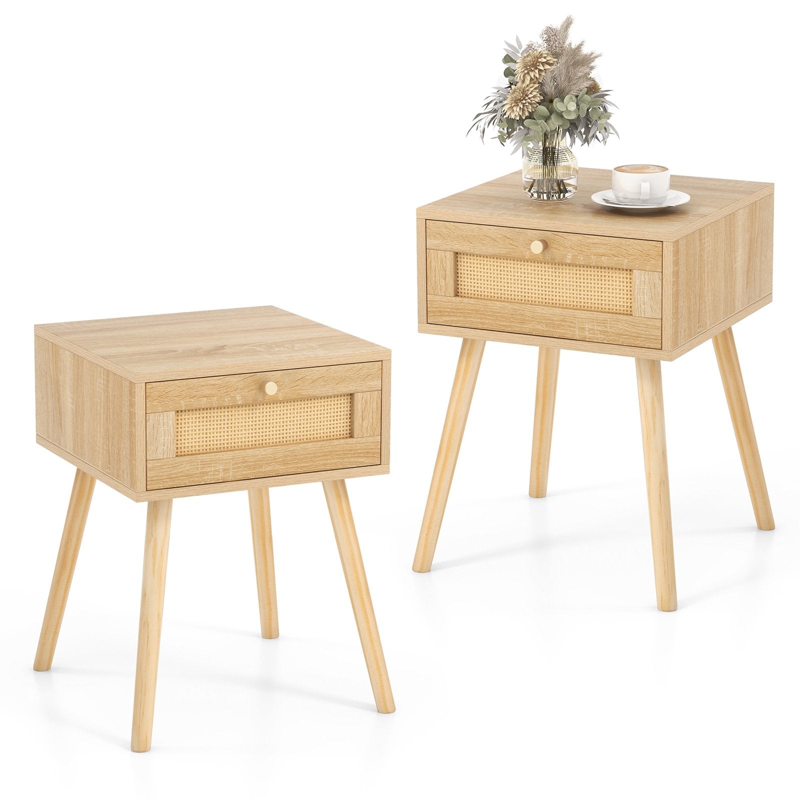 Modern Rattan Nightstand with Drawer and Solid Wood Legs for Bedroom and Living Room, Natural Nightstands   at Gallery Canada