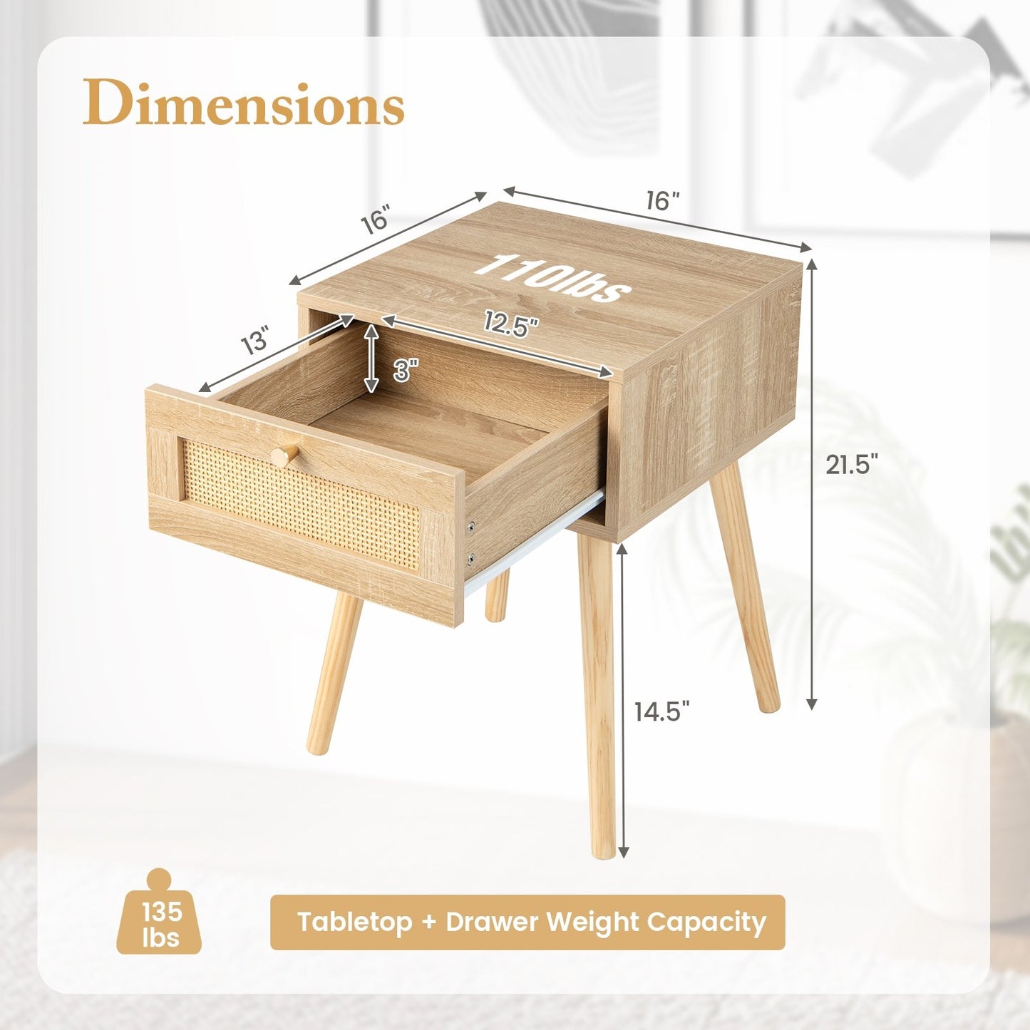 Modern Rattan Nightstand with Drawer and Solid Wood Legs for Bedroom and Living Room, Natural Nightstands   at Gallery Canada