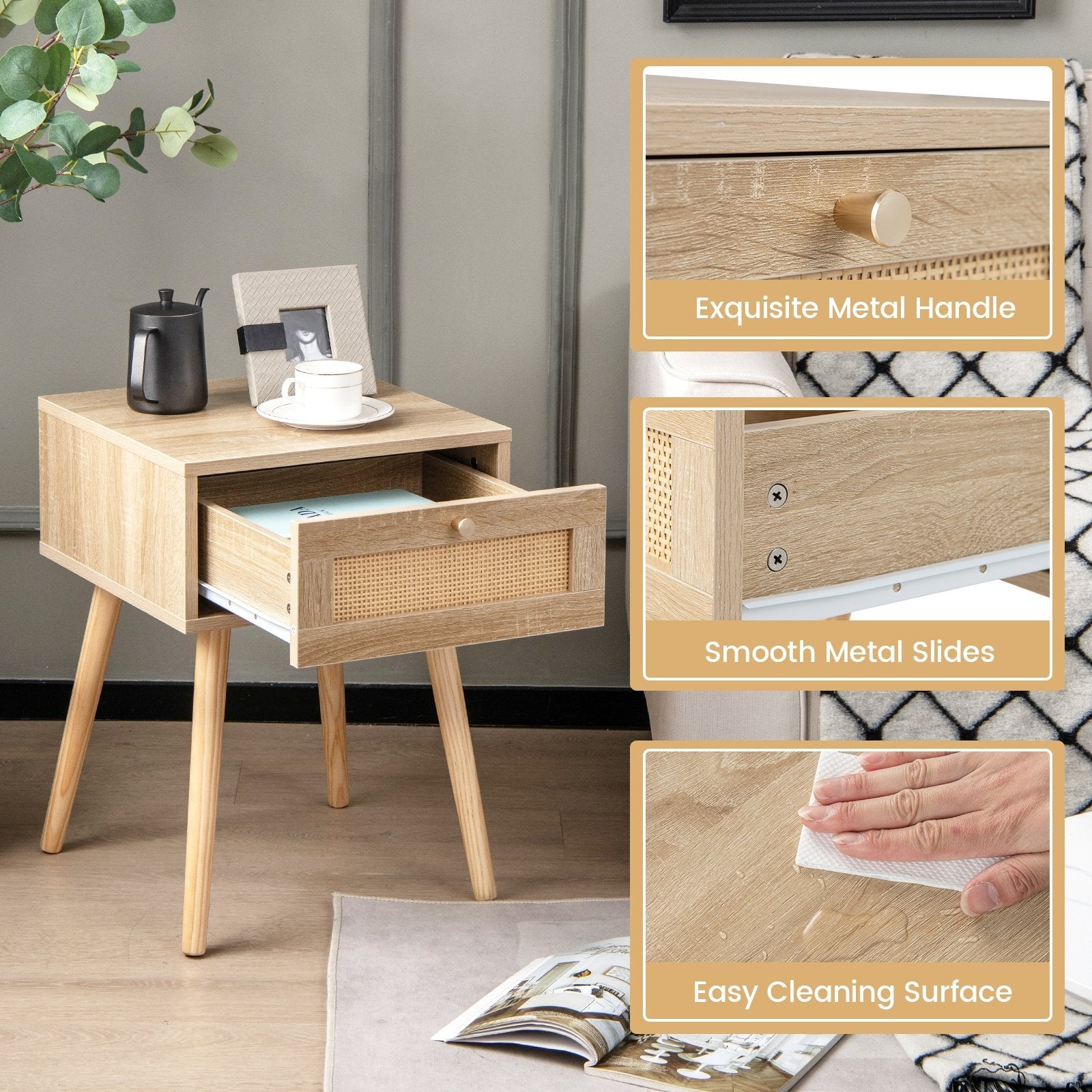 Modern Rattan Nightstand with Drawer and Solid Wood Legs for Bedroom and Living Room, Natural Nightstands   at Gallery Canada