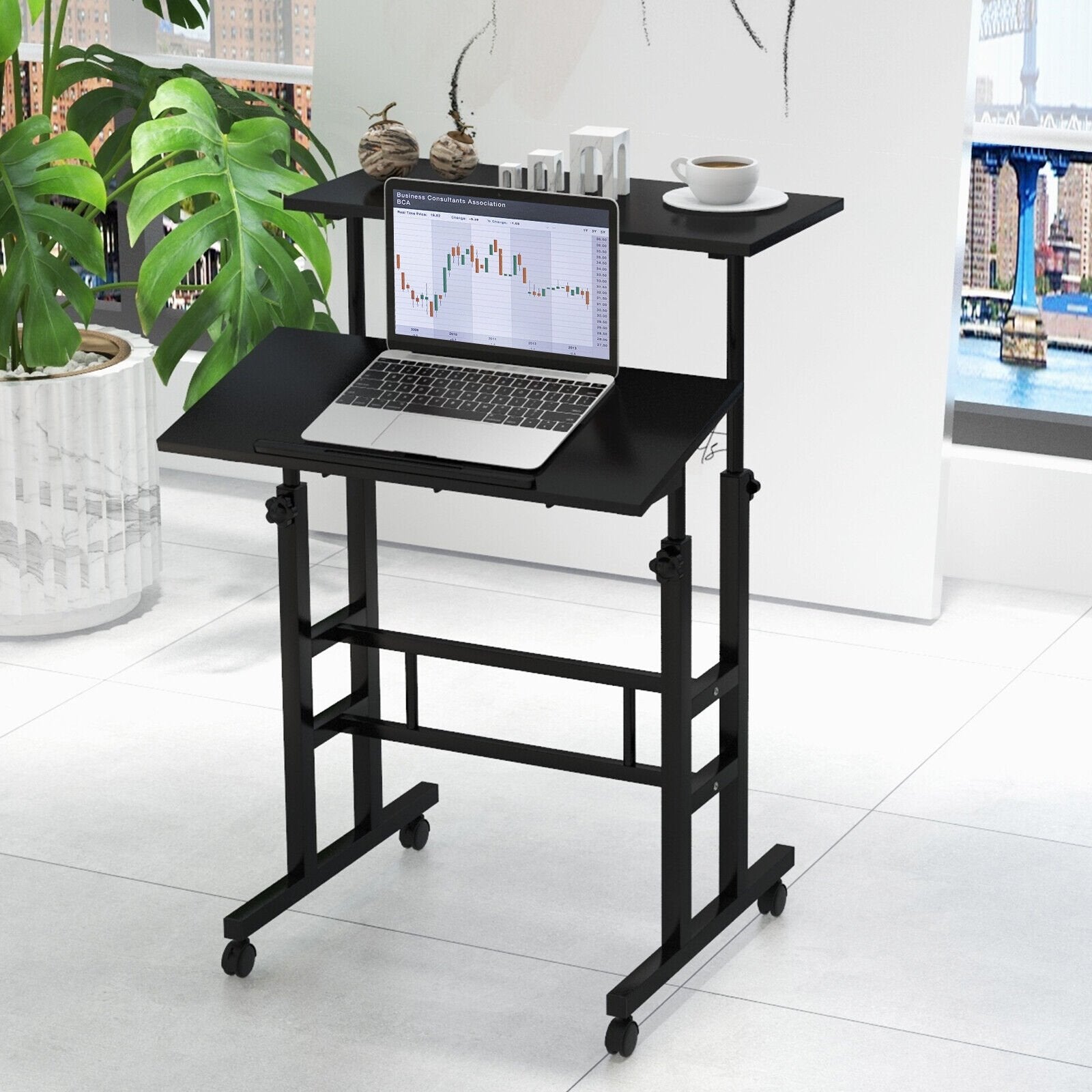 Height Adjustable Mobile Standing Desk with Rolling Wheels for Office and Home, Black Laptop Tables & Printer Stands   at Gallery Canada