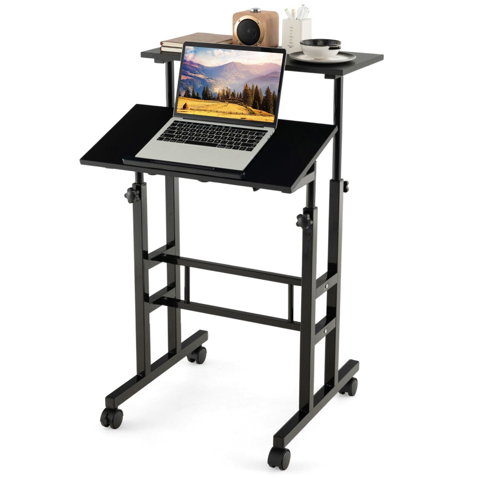 Height Adjustable Mobile Standing Desk with Rolling Wheels for Office and Home, Black Laptop Tables & Printer Stands   at Gallery Canada