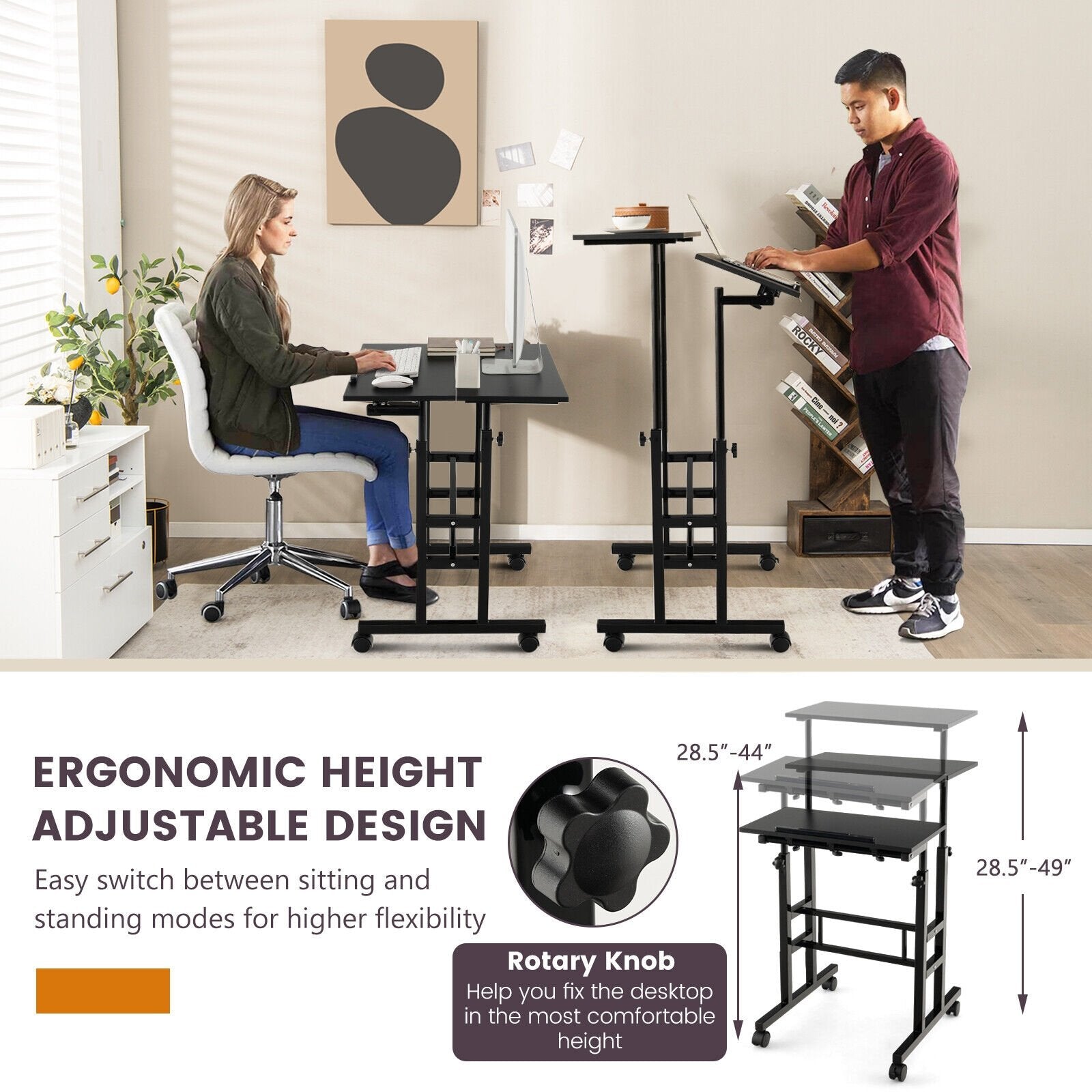 Height Adjustable Mobile Standing Desk with Rolling Wheels for Office and Home, Black Laptop Tables & Printer Stands   at Gallery Canada