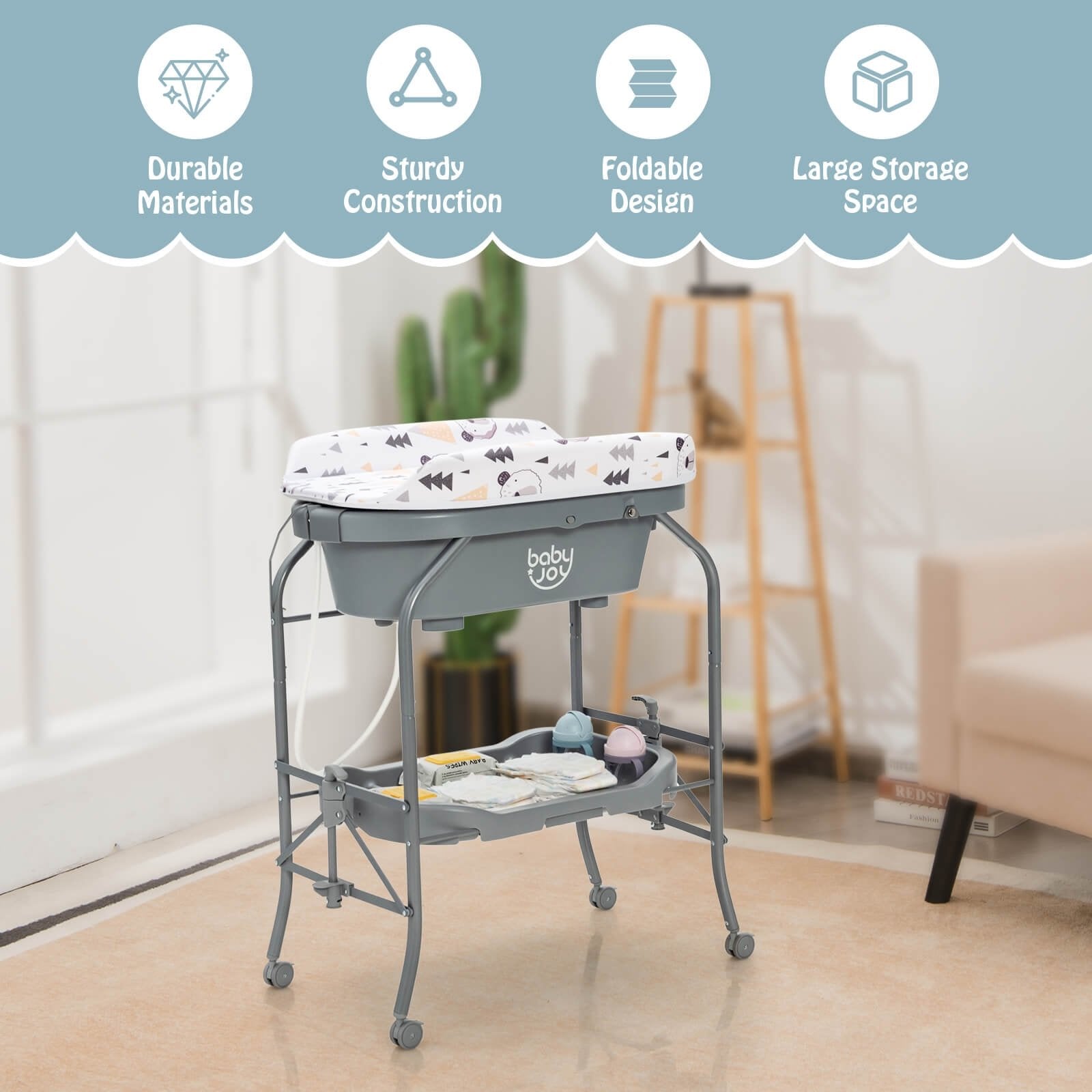 Portable Baby Changing Table with Storage Basket and Shelves, Gray Changing Tables   at Gallery Canada