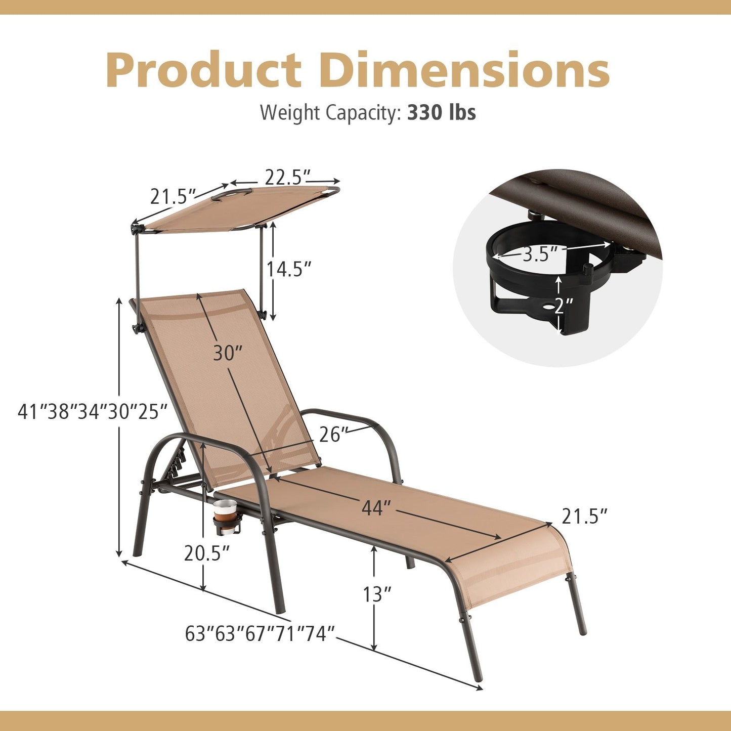 Patio Heavy-Duty 5-Level Adjustable Chaise Lounge Chair, Brown Outdoor Chaise Lounges   at Gallery Canada