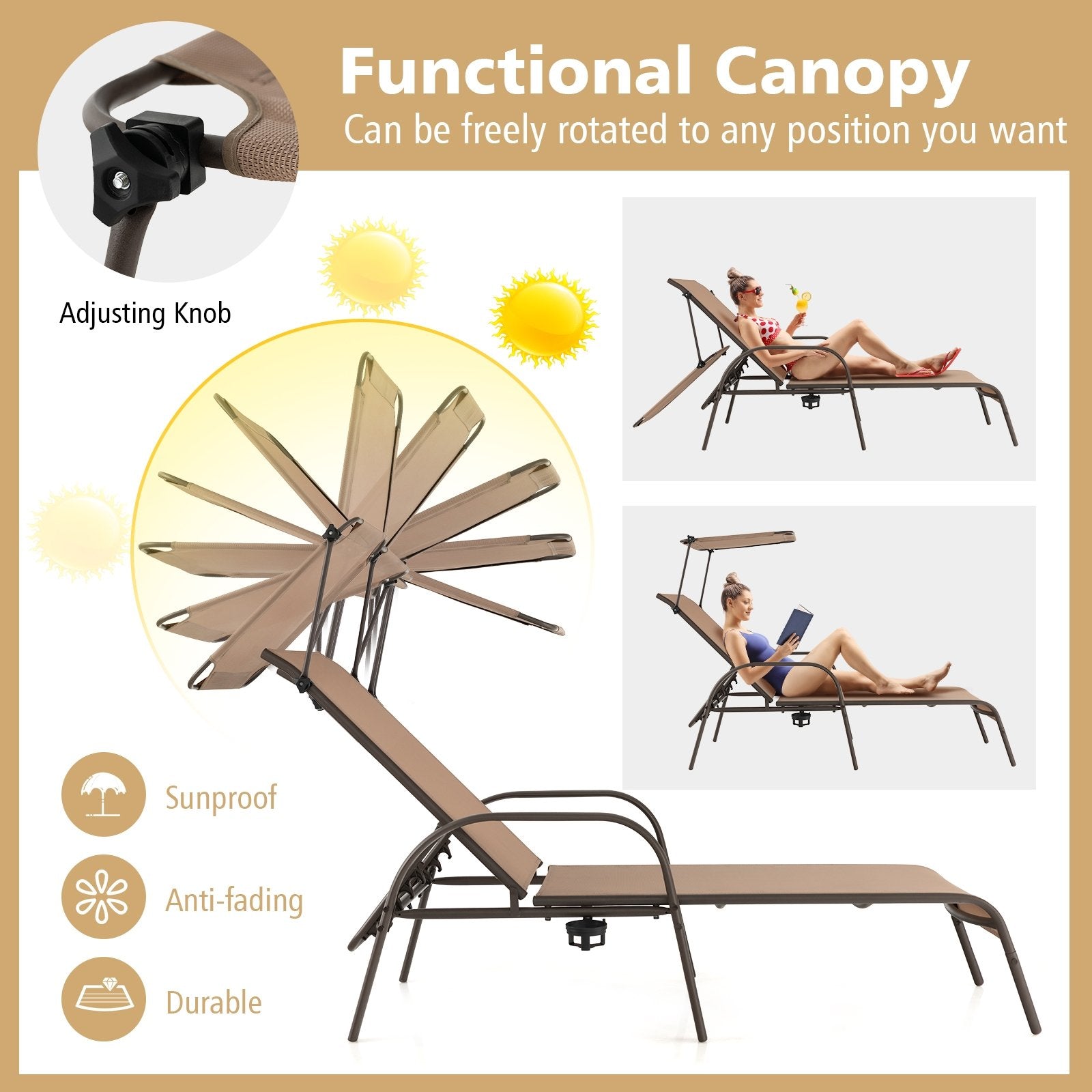 Patio Heavy-Duty 5-Level Adjustable Chaise Lounge Chair, Brown Outdoor Chaise Lounges   at Gallery Canada