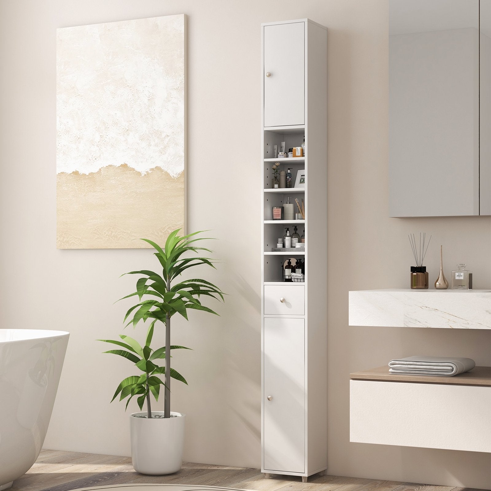 Freestanding Slim Bathroom Cabinet with Drawer and Adjustable Shelves, White Floor Cabinets   at Gallery Canada