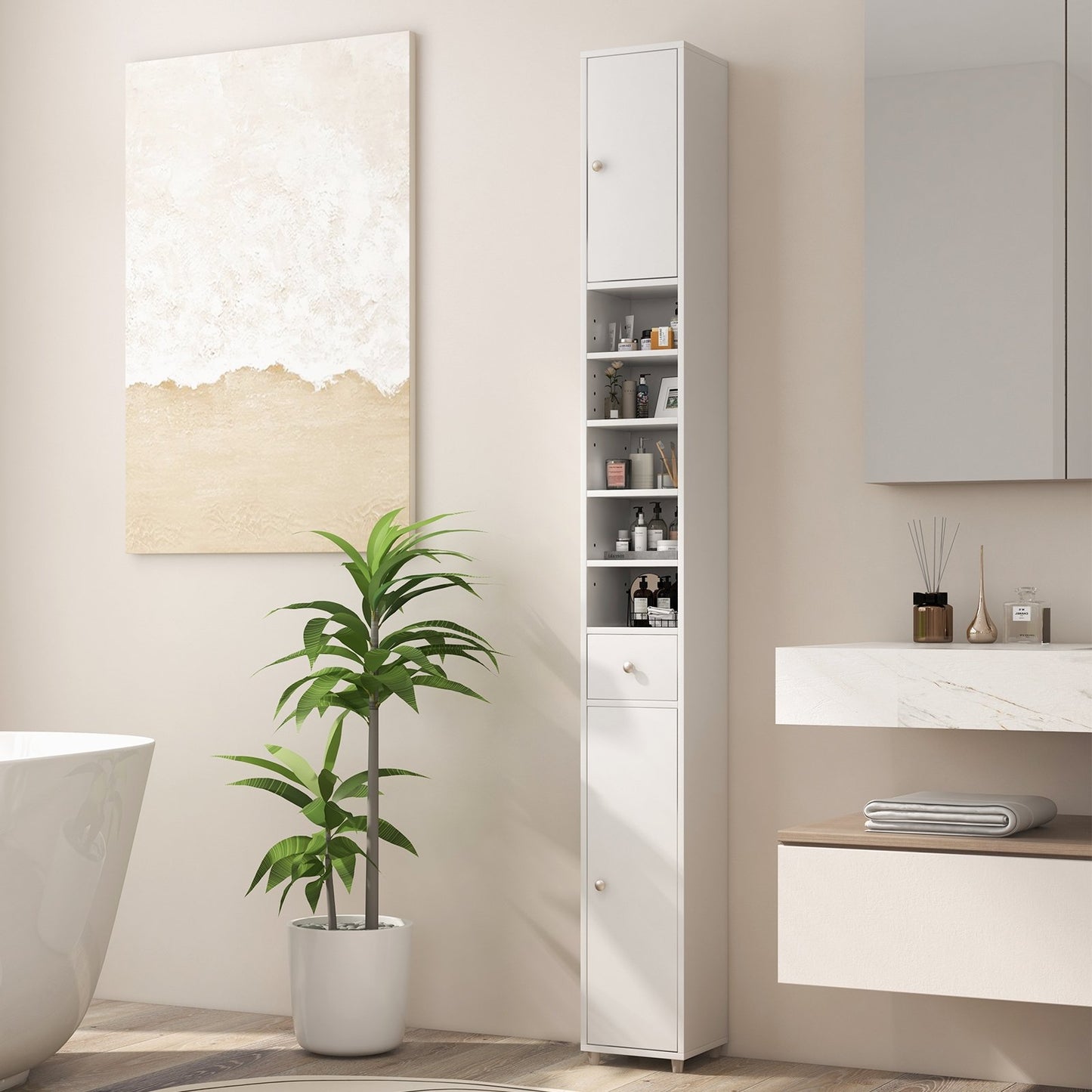 Freestanding Slim Bathroom Cabinet with Drawer and Adjustable Shelves, White Floor Cabinets   at Gallery Canada