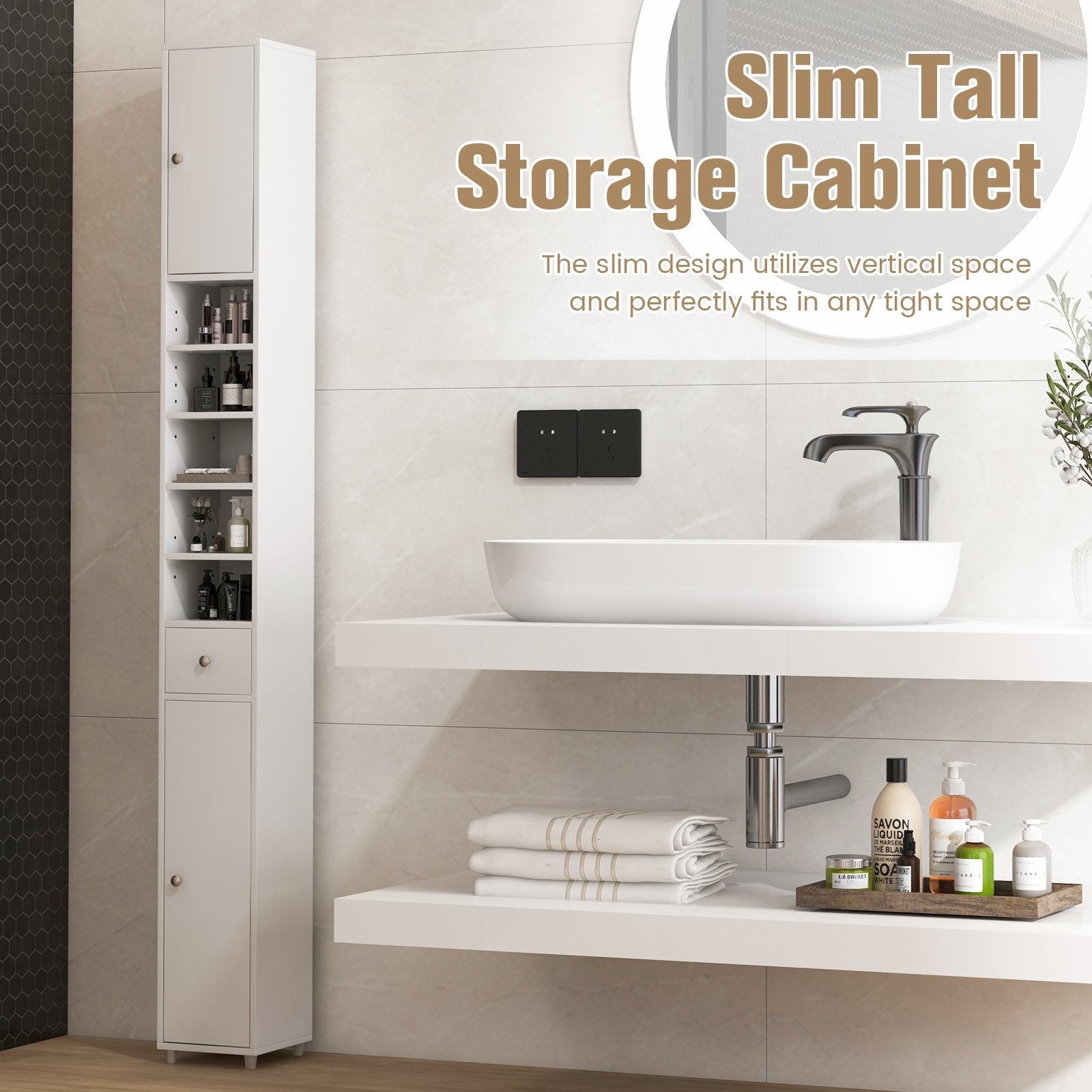 Freestanding Slim Bathroom Cabinet with Drawer and Adjustable Shelves, White Floor Cabinets   at Gallery Canada