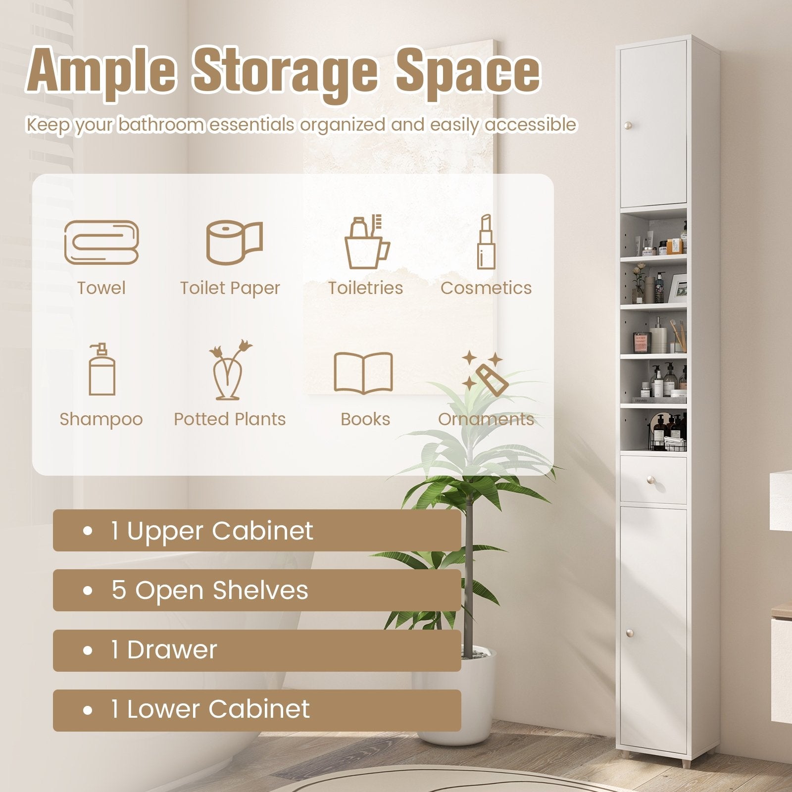 Freestanding Slim Bathroom Cabinet with Drawer and Adjustable Shelves, White Floor Cabinets   at Gallery Canada