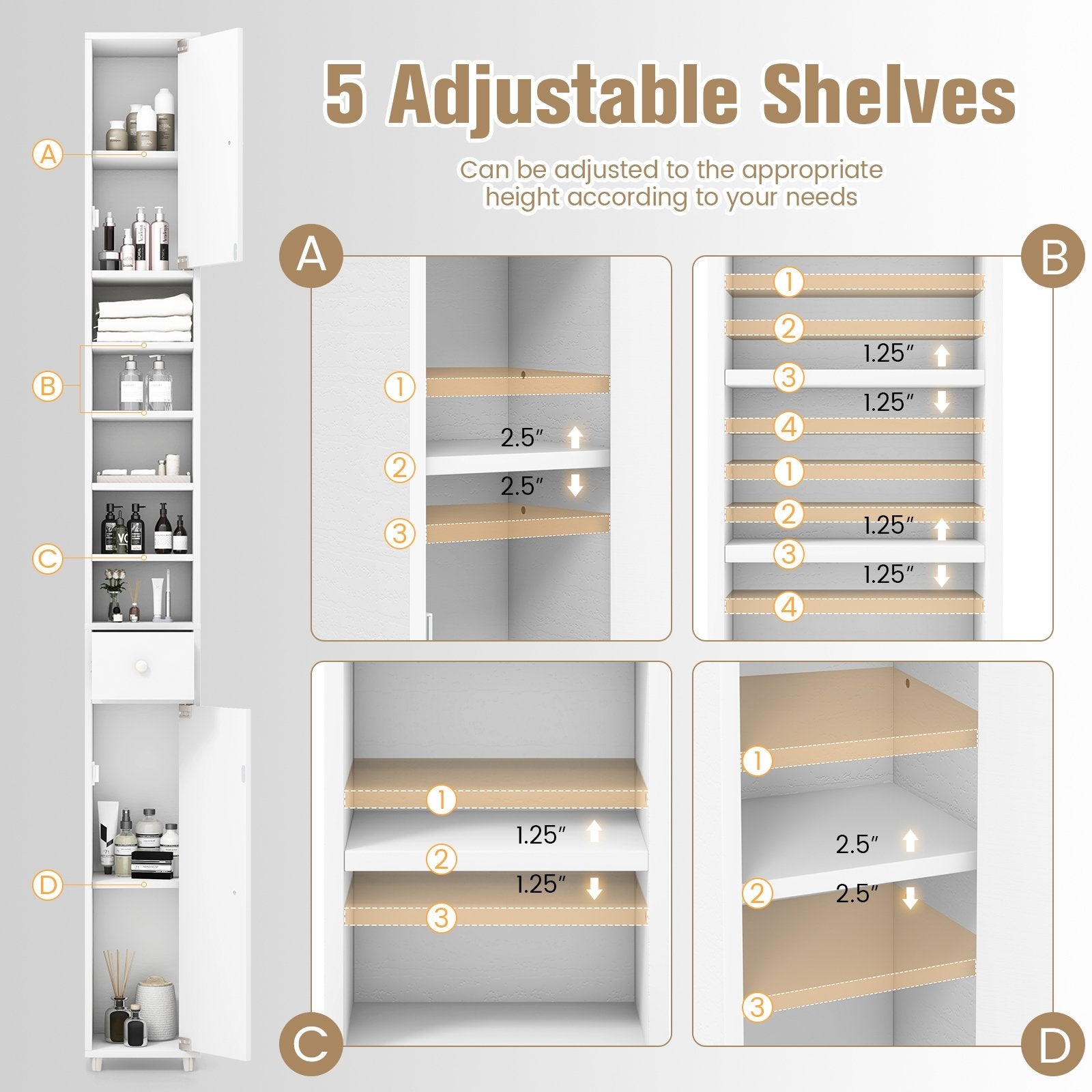 Freestanding Slim Bathroom Cabinet with Drawer and Adjustable Shelves, White Floor Cabinets   at Gallery Canada