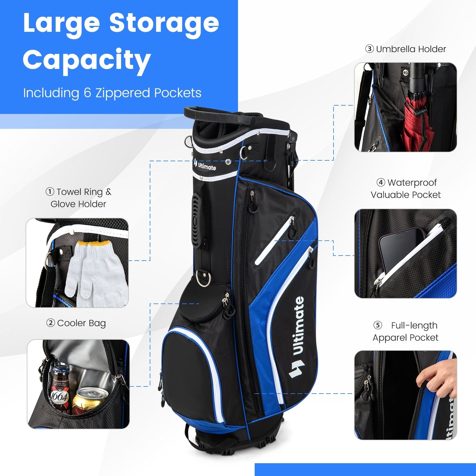 Lightweight Golf Stand Bag with 14 Way Top Dividers and 6 Pockets, Blue Golf   at Gallery Canada