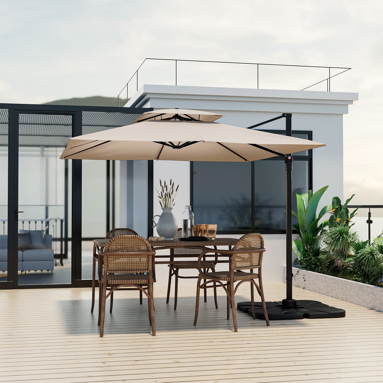 9.5 Feet Cantilever Patio Umbrella with 360° Rotation and Double Top, Beige Outdoor Umbrellas   at Gallery Canada