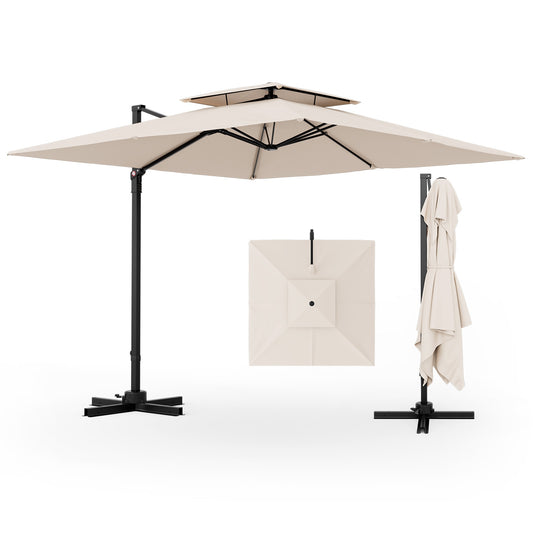 9.5 Feet Cantilever Patio Umbrella with 360° Rotation and Double Top, Beige - Gallery Canada