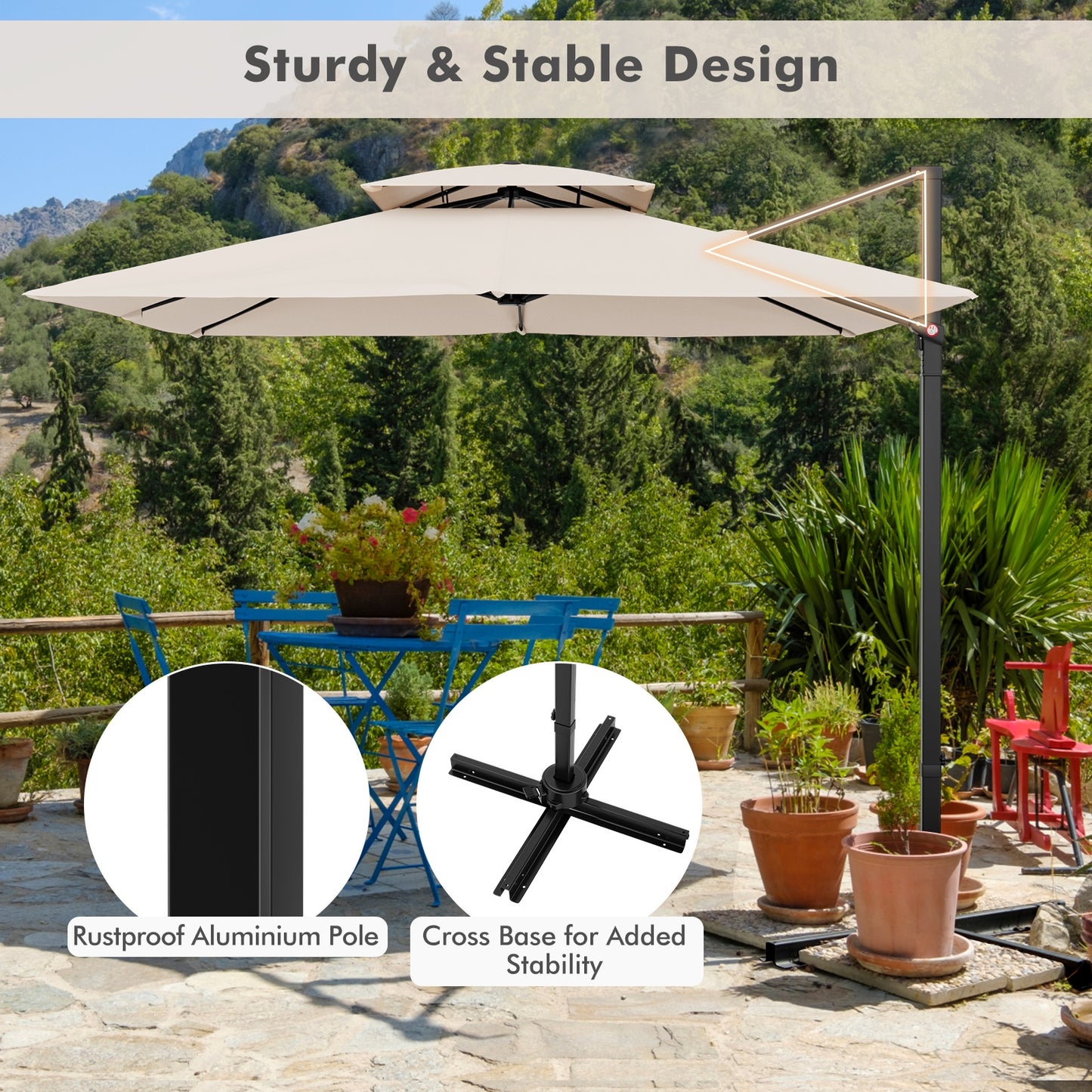 9.5 Feet Cantilever Patio Umbrella with 360° Rotation and Double Top, Beige Outdoor Umbrellas   at Gallery Canada