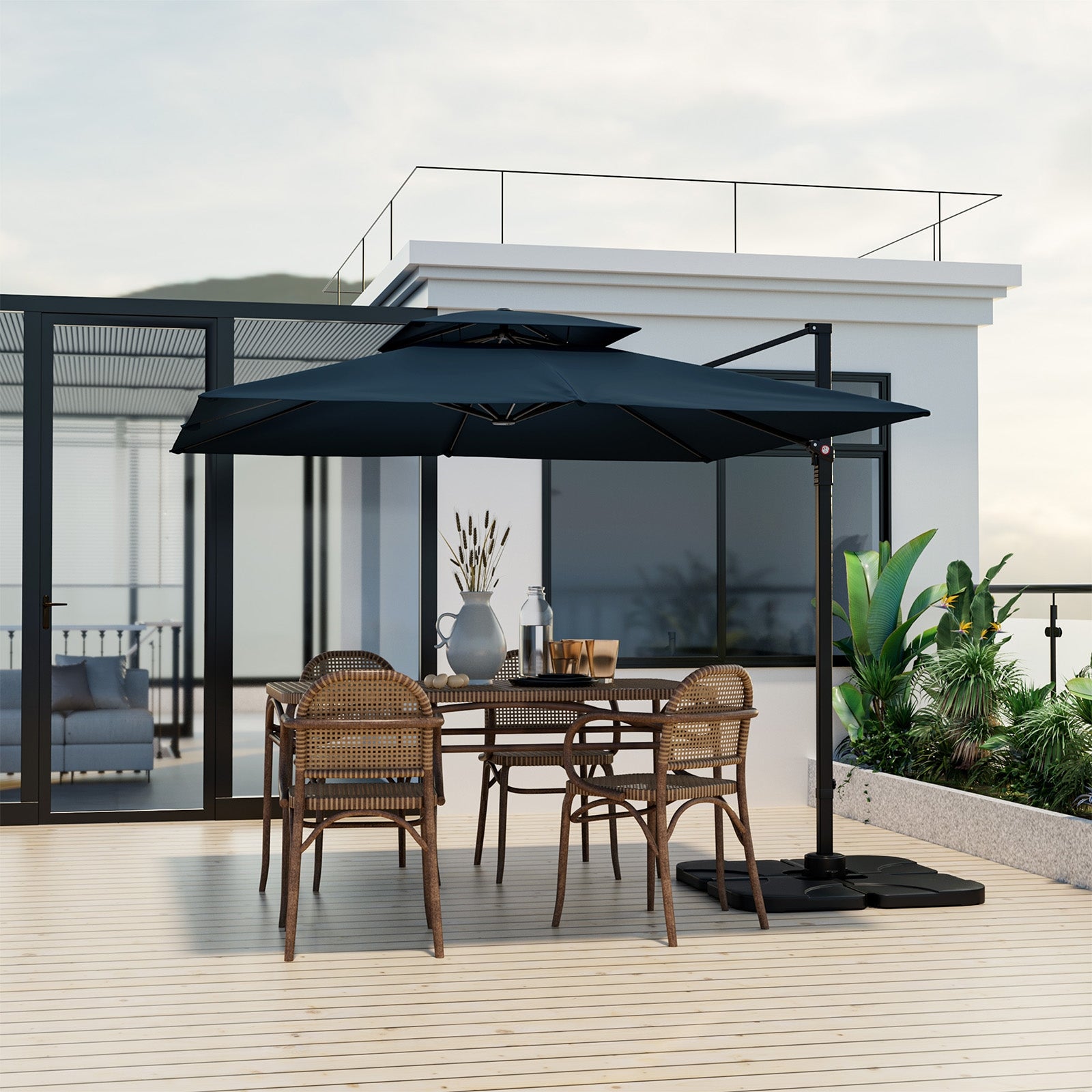 9.5 Feet Cantilever Patio Umbrella with 360° Rotation and Double Top, Navy Outdoor Umbrellas   at Gallery Canada