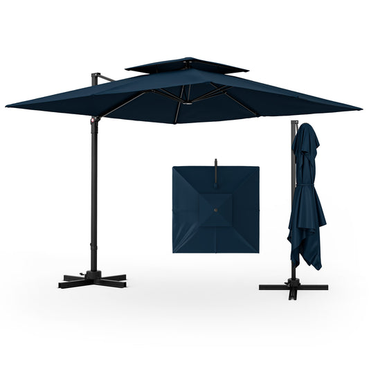 9.5 Feet Cantilever Patio Umbrella with 360° Rotation and Double Top, Navy - Gallery Canada