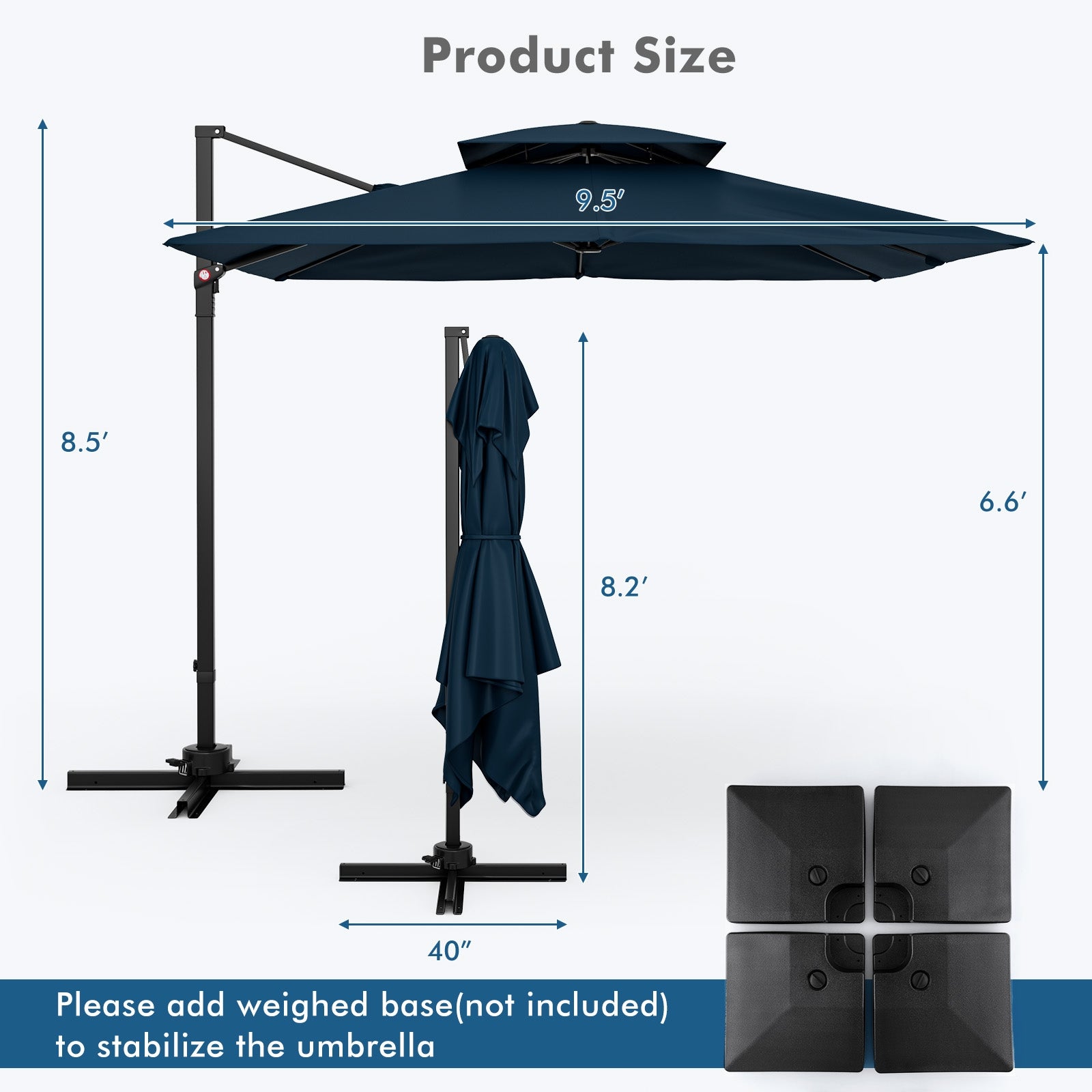 9.5 Feet Cantilever Patio Umbrella with 360° Rotation and Double Top, Navy Outdoor Umbrellas   at Gallery Canada