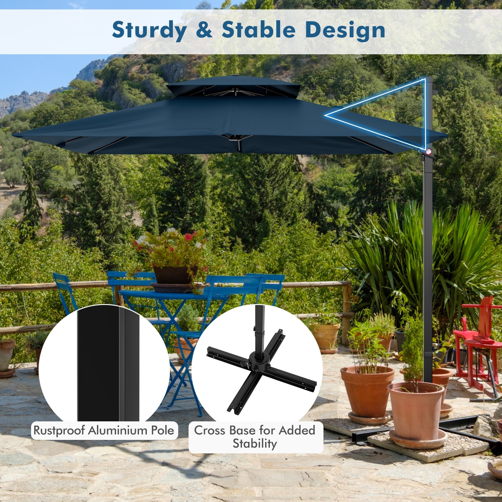 9.5 Feet Cantilever Patio Umbrella with 360° Rotation and Double Top, Navy Outdoor Umbrellas   at Gallery Canada