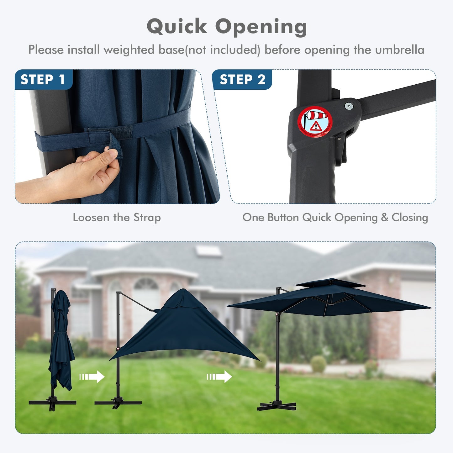 9.5 Feet Cantilever Patio Umbrella with 360° Rotation and Double Top, Navy Outdoor Umbrellas   at Gallery Canada