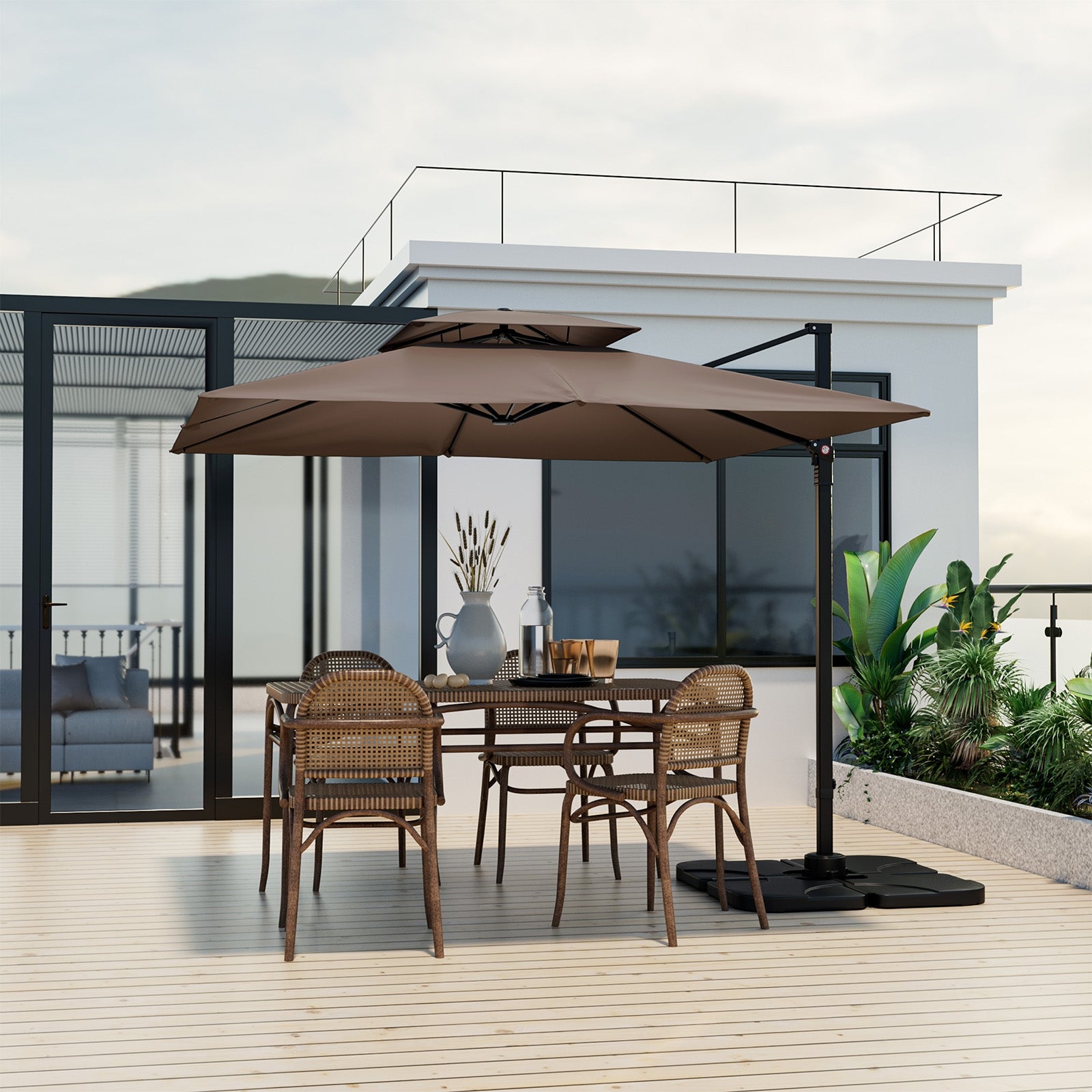 9.5 Feet Cantilever Patio Umbrella with 360° Rotation and Double Top, Coffee Outdoor Umbrellas   at Gallery Canada