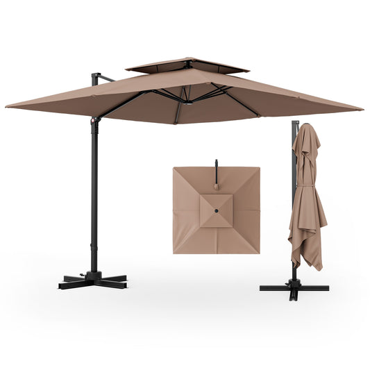 9.5 Feet Cantilever Patio Umbrella with 360° Rotation and Double Top, Coffee - Gallery Canada