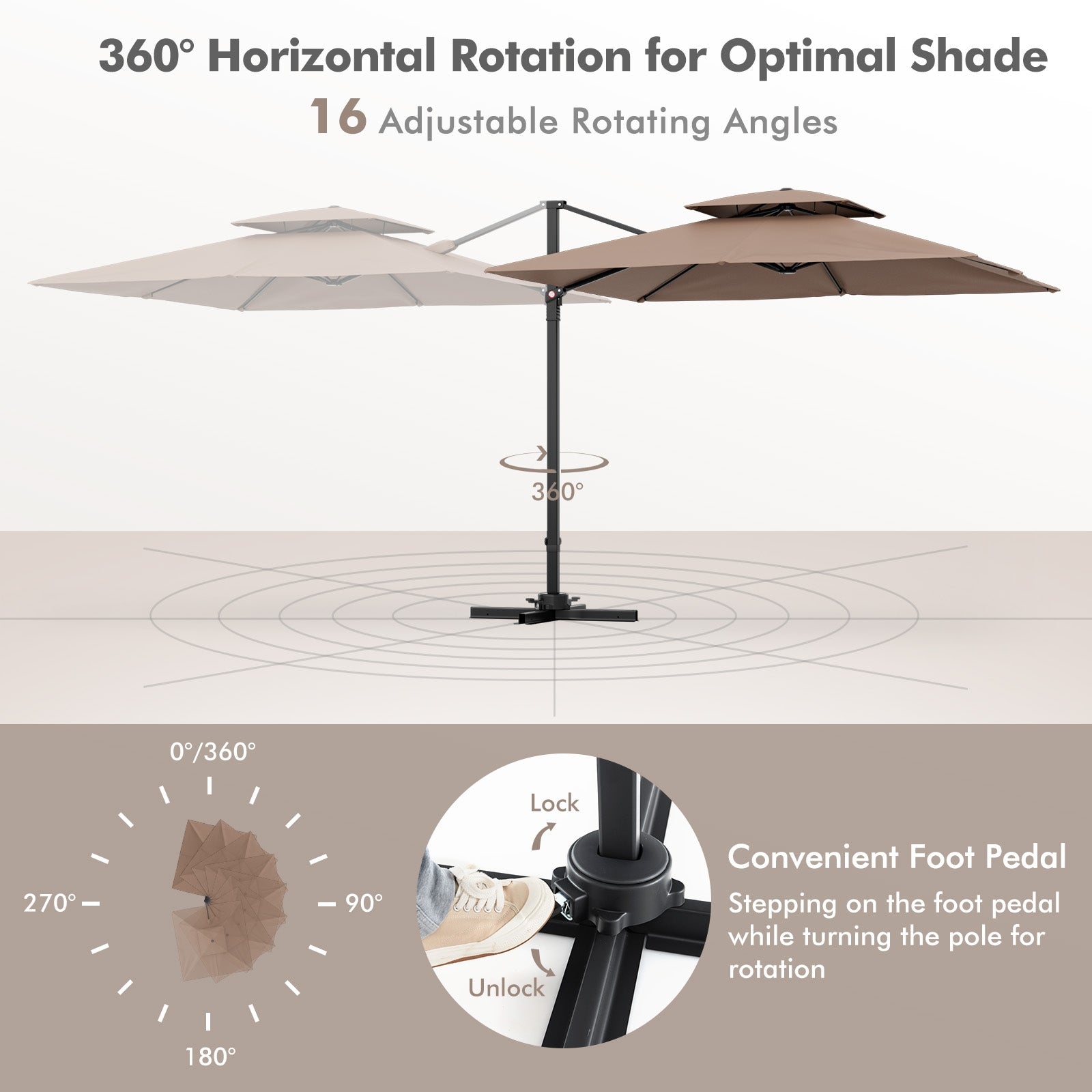 9.5 Feet Cantilever Patio Umbrella with 360° Rotation and Double Top, Coffee Outdoor Umbrellas   at Gallery Canada