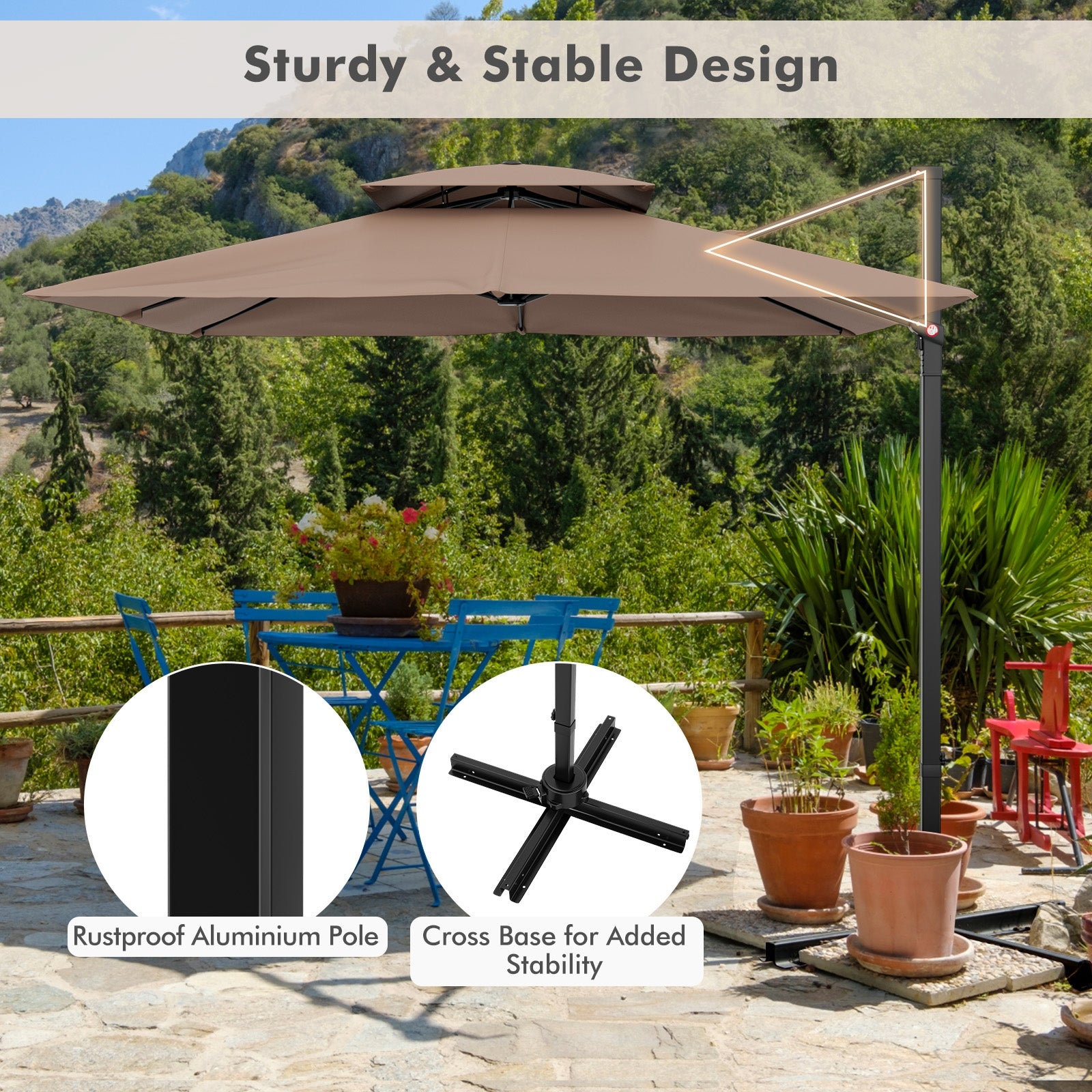 9.5 Feet Cantilever Patio Umbrella with 360° Rotation and Double Top, Coffee Outdoor Umbrellas   at Gallery Canada