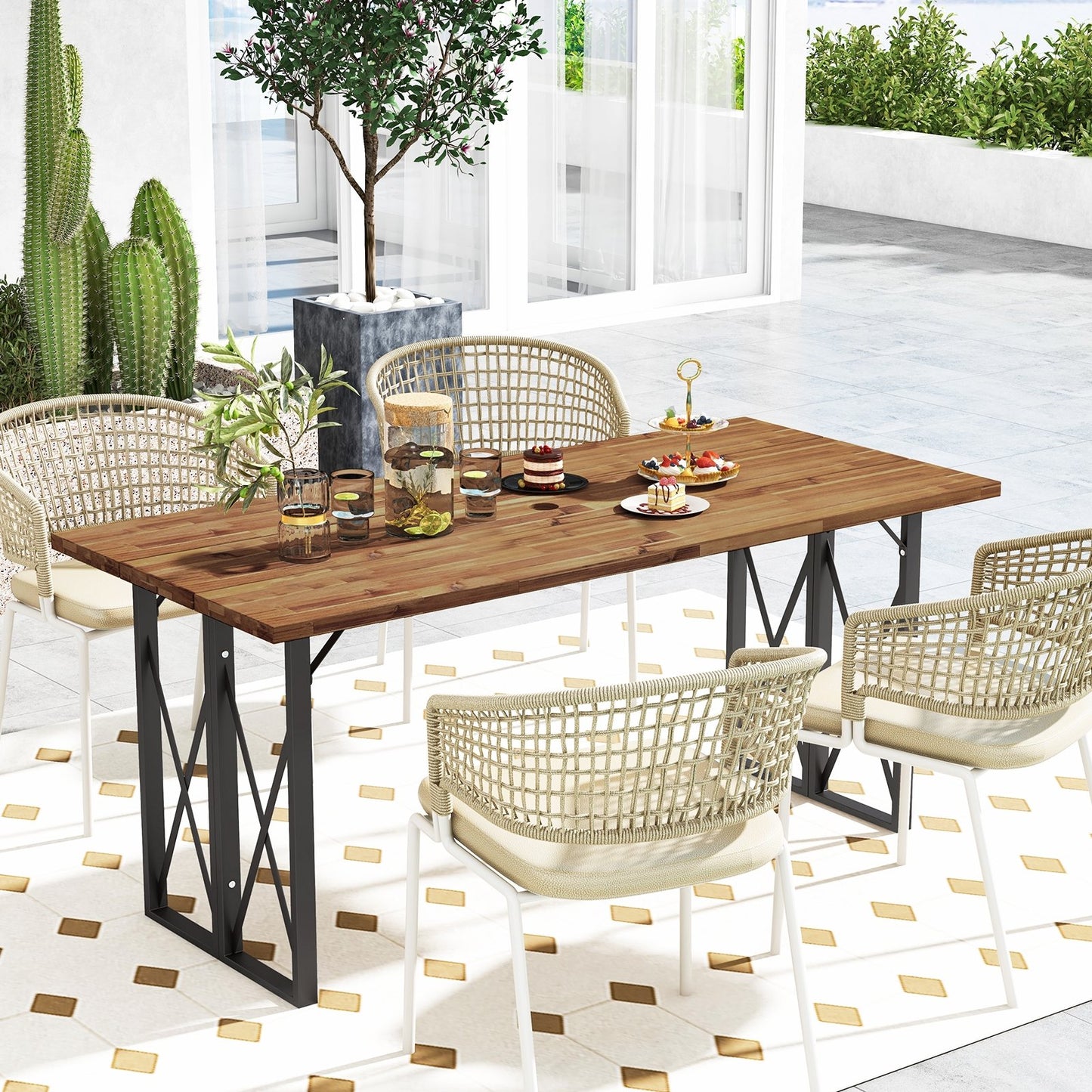 67 Inch Patio Rectangle Acacia Wood Dining Table with Umbrella Hole, Brown Patio Dining Tables   at Gallery Canada