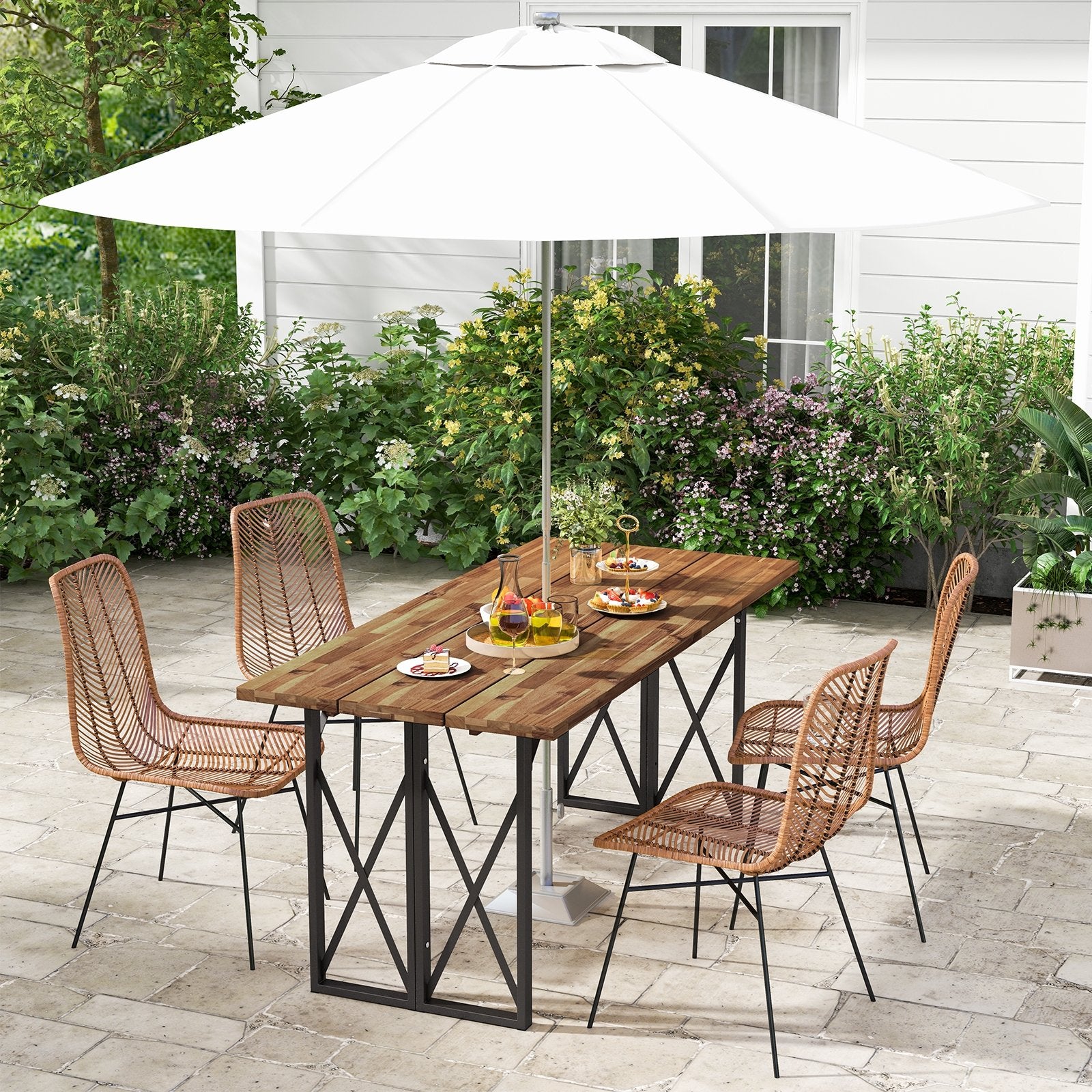 67 Inch Patio Rectangle Acacia Wood Dining Table with Umbrella Hole, Brown Patio Dining Tables   at Gallery Canada