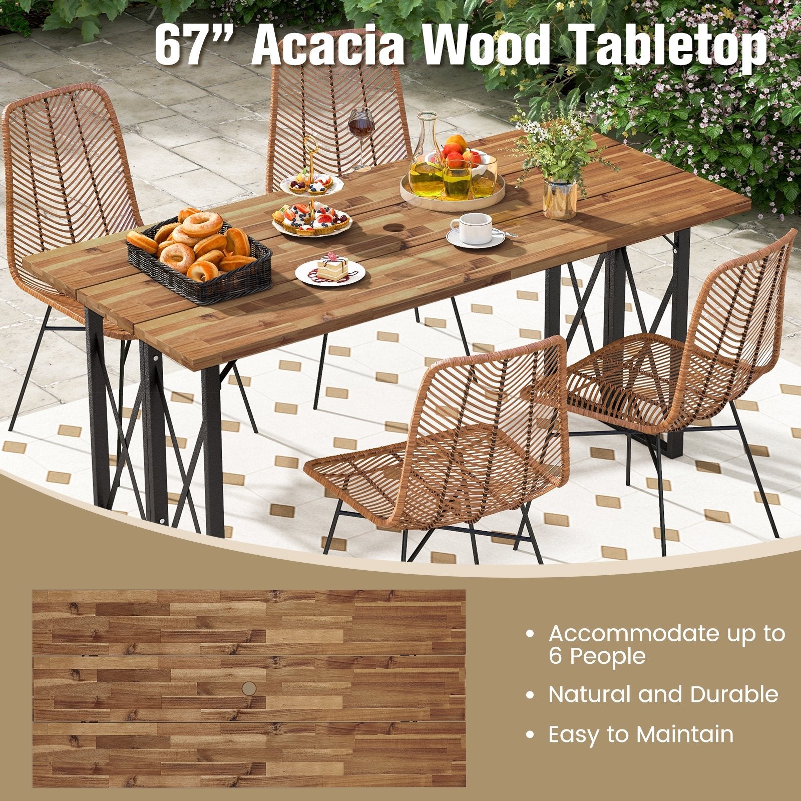 67 Inch Patio Rectangle Acacia Wood Dining Table with Umbrella Hole, Brown Patio Dining Tables   at Gallery Canada