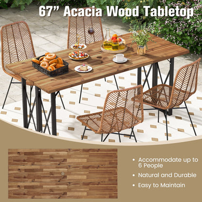 67 Inch Patio Rectangle Acacia Wood Dining Table with Umbrella Hole, Brown Patio Dining Tables   at Gallery Canada