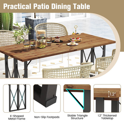 67 Inch Patio Rectangle Acacia Wood Dining Table with Umbrella Hole, Brown Patio Dining Tables   at Gallery Canada