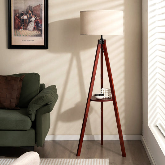 Tripod Floor Lamp Wood Standing Lamp with Flaxen Lamp Shade and E26 Lamp Base, Brown Table & Floor Lamps   at Gallery Canada